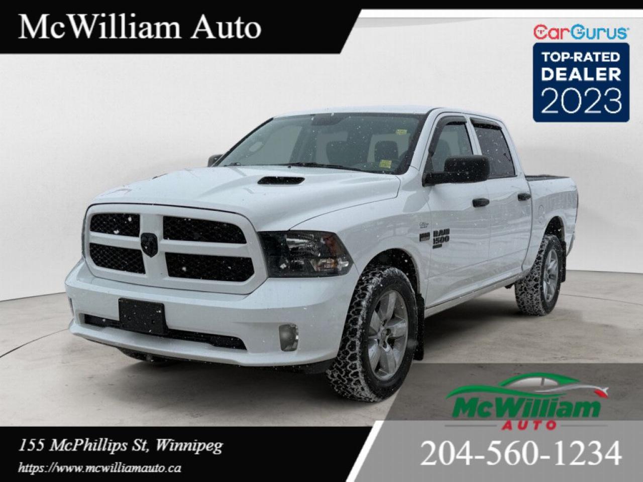 <br> <br><br>2014 RAM 1500 ST CREW CAB 4X4 Bright White<br>This premium truck combines power, comfort, and style. Featuring a Bright White exterior and a sleek Black interior with Diesel Grey premium cloth seats, this RAM 1500 is equipped with a robust 5.7L HEMI V8 engine with FuelSaver MDS and an 8-speed TorqueFlite automatic transmission.<br><br>Key Features:<ul><li><br><br>Exterior: Bright White finish, 17x7-inch lightweight steel wheels, tinted glass, and optional 20x8-inch Semi-Gloss Black or chrome-clad aluminum wheels.</li><li><br><br>Interior: Premium cloth 40/20/40 split bench seat, air conditioning, cruise control, power windows and locks, and Uconnect 3 with a 5-inch display.</li><li><br><br>Safety: Advanced multistage airbags, electronic stability control, ParkView rear backup camera, tire pressure monitoring, and anti-lock brakes.</li><li><br><br>Tech: Bluetooth streaming, SiriusXM satellite radio, steering wheel-mounted audio controls, and a remote USB port.</li><li><br><br>Optional Upgrades: Heated seats, heated steering wheel, power lumbar adjust, remote start system, and more.</li></ul><br><br>Optional Packages:<ul><li><br><br>Customer Preferred Package 27J ($1,000): Includes carpet floor covering, front and rear floor mats, fog lamps, and 17x7-inch aluminum wheels.</li><li><br><br>Sub Zero Package ($1,495): Adds heated seats, a heated steering wheel, power 10-way driver seat, and more.</li><li><br><br>Express Black Accents Package ($250): Features black accents, badges, and 20x8-inch Semi-Gloss Black aluminum wheels.</li><li><br><br>Wheel & Sound Group ($1,350): Includes 20x8-inch chrome-clad aluminum wheels and upgraded audio features.</li></ul><br><br>DEALER PERMIT #4611<br><br>Call today: 204-560-1234<br><br>Visit us TODAY at 155 McPhillips St, Winnipeg, MB <br><br>Website: www.mcwiliamauto.ca<br><br>Email: winnipegcar@gmail.com<br><br>Click here to get pre approved:<br><br> <br><br>https://www.mcwilliamauto.ca/car-loan-application/