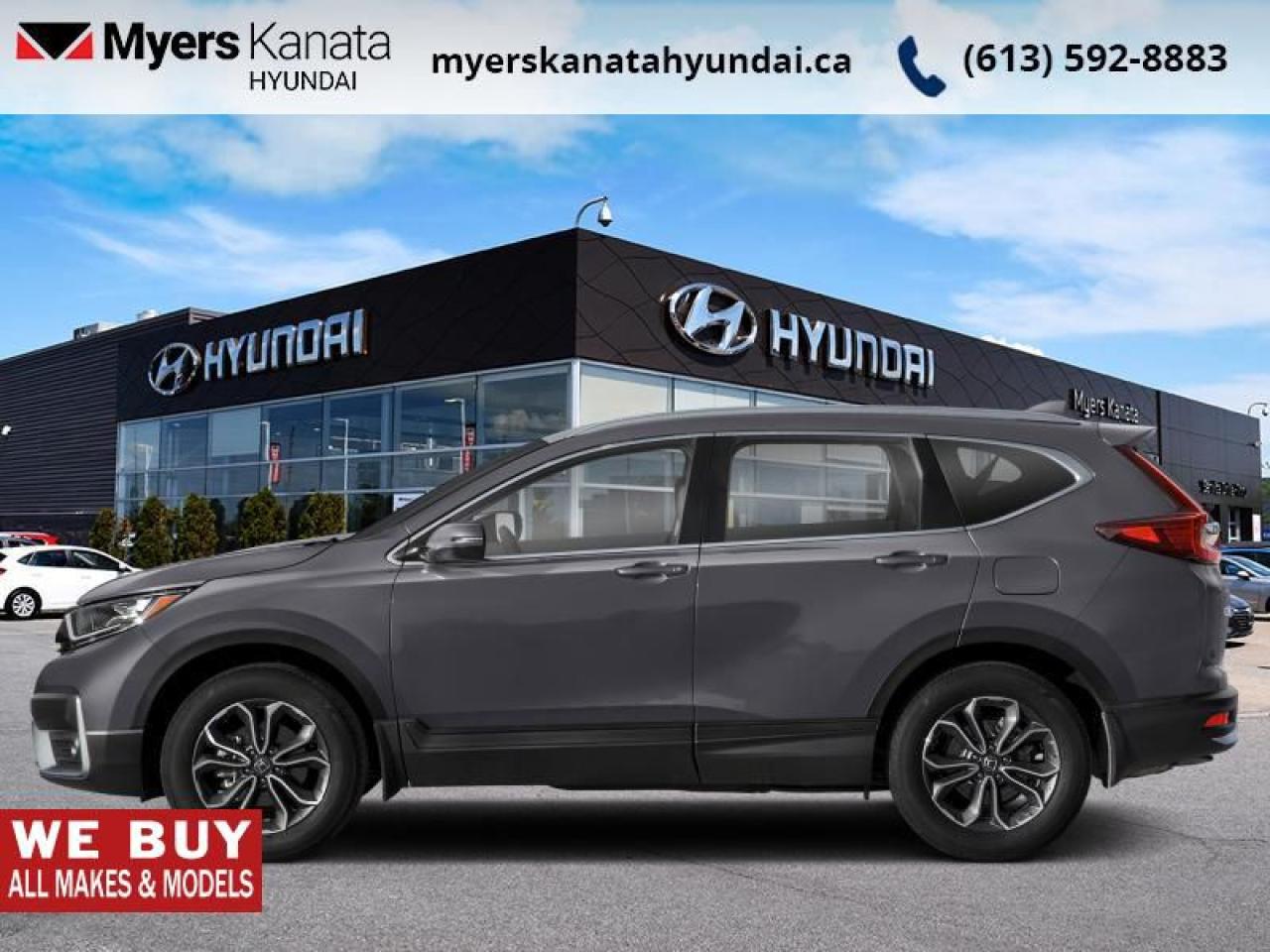 <b>Sunroof,  Leather Seats,  Heated Seats,  Heated Steering Wheel,  Blind Spot Display!</b><br> <br>    With car-like handling and excellent fuel efficiency, this capable and comfort 2021 Honda CR-V is the total package. This  2021 Honda CR-V is fresh on our lot in Kanata. <br> <br>This stylish 2021 Honda CR-V has a spacious interior and car-like handling that captivates anyone who gets behind the wheel. With its smooth lines and sleek exterior, this gorgeous CR-V has no problem turning heads at every corner. Whether youre a thrift-store enthusiast, or a backcountry trail warrior with all of the camping gear, this practical Honda CR-V has got you covered! This  SUV has 51,662 kms. Its  sonic grey pear in colour  and is completely accident free based on the <a href=https://vhr.carfax.ca/?id=WJatdNzEHlR8/yqIrbsfPP0BiB1nHerW target=_blank>CARFAX Report</a> . It has an automatic transmission and is powered by a  190HP 1.5L 4 Cylinder Engine. <br> <br> Our CR-Vs trim level is EX-L. Ramping up the luxury, this EX-L trim has heated leather seats in front and back, a heated steering wheels, memory settings for the drivers seat, an auto dimming rear view mirror, a power tailgate with programmable height, woodgrain interior, a moonroof, automatic high and low beam headlights, dual-zone automatic climate control, remote start, heated seats, LED daytime running lights, heated power mirrors, and aluminum wheels. Keeping you connected is an infotainment system that includes a 7 inch touchscreen with HondaLink, HomeLink home remote system, HandsFreeLink bilingual Bluetooth, Apple CarPlay, Android Auto, SiriusXM, a rear view camera, and a 6 speaker sound system. Helping you drive and keeping you safe is automatic collision mitigation braking, forward collision warning, lane departure warning, road departure mitigation, and lane keep assist, and a blind spot display. This vehicle has been upgraded with the following features: Sunroof,  Leather Seats,  Heated Seats,  Heated Steering Wheel,  Blind Spot Display,  Memory Seats,  Automatic Braking. <br> <br>To apply right now for financing use this link : <a href=https://www.myerskanatahyundai.com/finance/ target=_blank>https://www.myerskanatahyundai.com/finance/</a><br><br> <br/><br> Buy this vehicle now for the lowest weekly payment of <b>$104.79</b> with $0 down for 96 months @ 8.99% APR O.A.C. ( Plus applicable taxes -  and licensing fees   ).  See dealer for details. <br> <br>Smart buyers buy at Myers where all cars come Myers Certified including a 1 year tire and road hazard warranty (some conditions apply, see dealer for full details.)<br> <br>This vehicle is located at Myers Kanata Hyundai 400-2500 Palladium Dr Kanata, Ontario.<br>*LIFETIME ENGINE TRANSMISSION WARRANTY NOT AVAILABLE ON VEHICLES WITH KMS EXCEEDING 140,000KM, VEHICLES 8 YEARS & OLDER, OR HIGHLINE BRAND VEHICLE(eg. BMW, INFINITI. CADILLAC, LEXUS...)<br> Come by and check out our fleet of 30+ used cars and trucks and 90+ new cars and trucks for sale in Kanata.  o~o