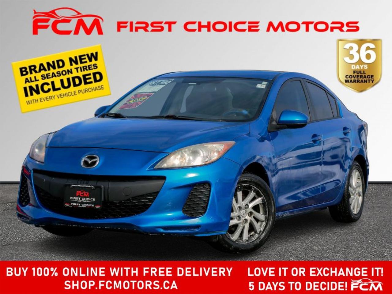 ** ** SPECIAL LIMITED TIME OFFER ** ** PURCHASE ANY VEHICLE THIS WEEK AND RECEIVE 4 BRAND-NEW ALL-SEASON TIRES AT NO ADDITIONAL COST!!! DON   T MISS THIS EXCLUSIVE CHANCE TO UPGRADE YOUR RIDE AND STAY PREPARED FOR ANY WEATHER!!! <br><br>EXCITING NEWS FROM FIRST CHOICE MOTORS! Our brand-new online showroom is now open to the public, bringing the ultimate car shopping experience right to your fingertips! Enjoy a 100% online car shopping experience, with over 500 certified vehicles in stock, comprehensive protection plans, and thousands of new auto parts & accessories available! Plus, for a limited time, were offering FREE deliveries across Ontario on all vehicle purchases! Dont miss out   visit Shop.fcmotors.ca to find and upgrade your perfect vehicle today!<br><br>Welcome to First Choice Motors, the largest car dealership in Ontario of pre-owned cars, SUVs, and vans priced between $5000-$15,000. With an impressive inventory of over 500 vehicles in stock, we are dedicated to providing our customers with a vast selection of affordable and reliable options. <br><br>Were thrilled to offer a used 2013 Mazda MAZDA3 GS SKYACTIV, blue color with 140,000km (STK#8181) This vehicle was $8490 NOW ON SALE FOR $6990. It is equipped with the following features:<br>- Automatic Transmission<br>- Heated seats<br>- Bluetooth<br>- Alloy wheels<br>- Power windows<br>- Power locks<br>- Power mirrors<br>- Air Conditioning<br><br>At First Choice Motors, we believe in providing quality vehicles that our customers can depend on. All our vehicles come with a 36-day FULL COVERAGE warranty. We also offer additional warranty options up to 5 years for our customers who want extra peace of mind. All Carfax Canada History Reports will be available to view & print from our website www.fcmotors.ca or Shop.fcmotors.ca<br><br>Furthermore, all our vehicles are sold fully certified with brand new brakes rotors and pads, a fresh oil change, and brand new set of all-season tires installed & balanced. You can be confident that this car is in excellent condition and ready to hit the road.<br><br>At First Choice Motors, we believe that everyone deserves a chance to own a reliable and affordable vehicle. Thats why we offer financing options with low interest rates starting at 7.9% O.A.C. Were proud to approve all customers, including those with bad credit, no credit, students, and even 9 socials. Our finance team is dedicated to finding the best financing option for you and making the car buying process as smooth and stress-free as possible.<br><br>Our dealership is open 7 days a week to provide you with the best customer service possible. We carry the largest selection of used vehicles for sale under $9990 in all of Ontario. We stock over 500 cars, mostly Acura ,Audi ,BMW, Buick, Cadillac, Chevrolet, Chrysler, Dodge, Fiat, Ford, GMC, Hyundai, Infiniti, Jeep, Kia, Lexus, Lincoln, Mazda, Mercedes-Benz, Mini, Mitsubishi, Nissan, Subaru, Toyota & Volvo. With our ongoing sale, you can find your dream car at a price you can afford. Come visit us today and experience why we are the best choice for your next used car purchase!<br><br>All prices exclude a $12.50 OMVIC fee, license plates & registration and ONTARIO HST (13%)