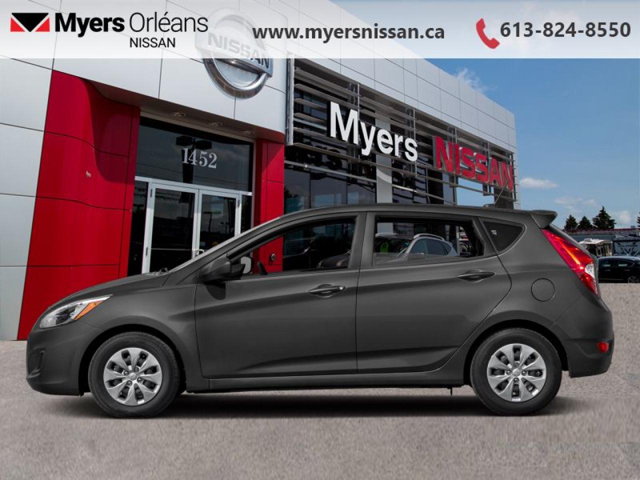 <b>Bluetooth,  Heated Seats,  SiriusXM,  Steering Wheel Audio Control,  Air Conditioning!</b><br> <br>    No need for excuses here: the Hyundai Accent, with its distinctive design and fuel-sipping engine, is a fine choice for an economical car. -Car and Driver. This  2017 Hyundai Accent is fresh on our lot in Orleans. <br> <br>Its hard to find style, safety, and value in a fun to drive package, but thats exactly what this Hyundai Accent delivers. Leave compromise behind and enjoy this fun, economical Accent filled with modern design and advanced safety features. Let this Hyundai Accent change your idea of small cars. Its  grey in colour  . It has a manual transmission and is powered by a  137HP 1.6L 4 Cylinder Engine.  It may have some remaining factory warranty, please check with dealer for details. <br> <br> Our Accents trim level is GL. Upgrade to this Accent GL and youll be treated to a nice blend of features and value. It comes with an AM/FM CD/MP3 player with a USB port and SiriusXM satellite radio, Bluetooth phone connectivity, heated front seats, steering wheel audio and cruise control, air conditioning, auto-off headlights, power windows, power doors, 60/40 split folding back seats, and more. This vehicle has been upgraded with the following features: Bluetooth,  Heated Seats,  Siriusxm,  Steering Wheel Audio Control,  Air Conditioning,  Power Windows. <br> <br/><br>We are proud to regularly serve our clients and ready to help you find the right car that fits your needs, your wants, and your budget.And, of course, were always happy to answer any of your questions.Proudly supporting Ottawa, Orleans, Vanier, Barrhaven, Kanata, Nepean, Stittsville, Carp, Dunrobin, Kemptville, Westboro, Cumberland, Rockland, Embrun , Casselman , Limoges, Crysler and beyond! Call us at (613) 824-8550 or use the Get More Info button for more information. Please see dealer for details. The vehicle may not be exactly as shown. The selling price includes all fees, licensing & taxes are extra. OMVIC licensed.Find out why Myers Orleans Nissan is Ottawas number one rated Nissan dealership for customer satisfaction! We take pride in offering our clients exceptional bilingual customer service throughout our sales, service and parts departments. Located just off highway 174 at the Jean DÀrc exit, in the Orleans Auto Mall, we have a huge selection of Used vehicles and our professional team will help you find the Nissan that fits both your lifestyle and budget. And if we dont have it here, we will find it or you! Visit or call us today.<br>*LIFETIME ENGINE TRANSMISSION WARRANTY NOT AVAILABLE ON VEHICLES WITH KMS EXCEEDING 140,000KM, VEHICLES 8 YEARS & OLDER, OR HIGHLINE BRAND VEHICLE(eg. BMW, INFINITI. CADILLAC, LEXUS...)<br> Come by and check out our fleet of 20+ used cars and trucks and 120+ new cars and trucks for sale in Orleans.  o~o