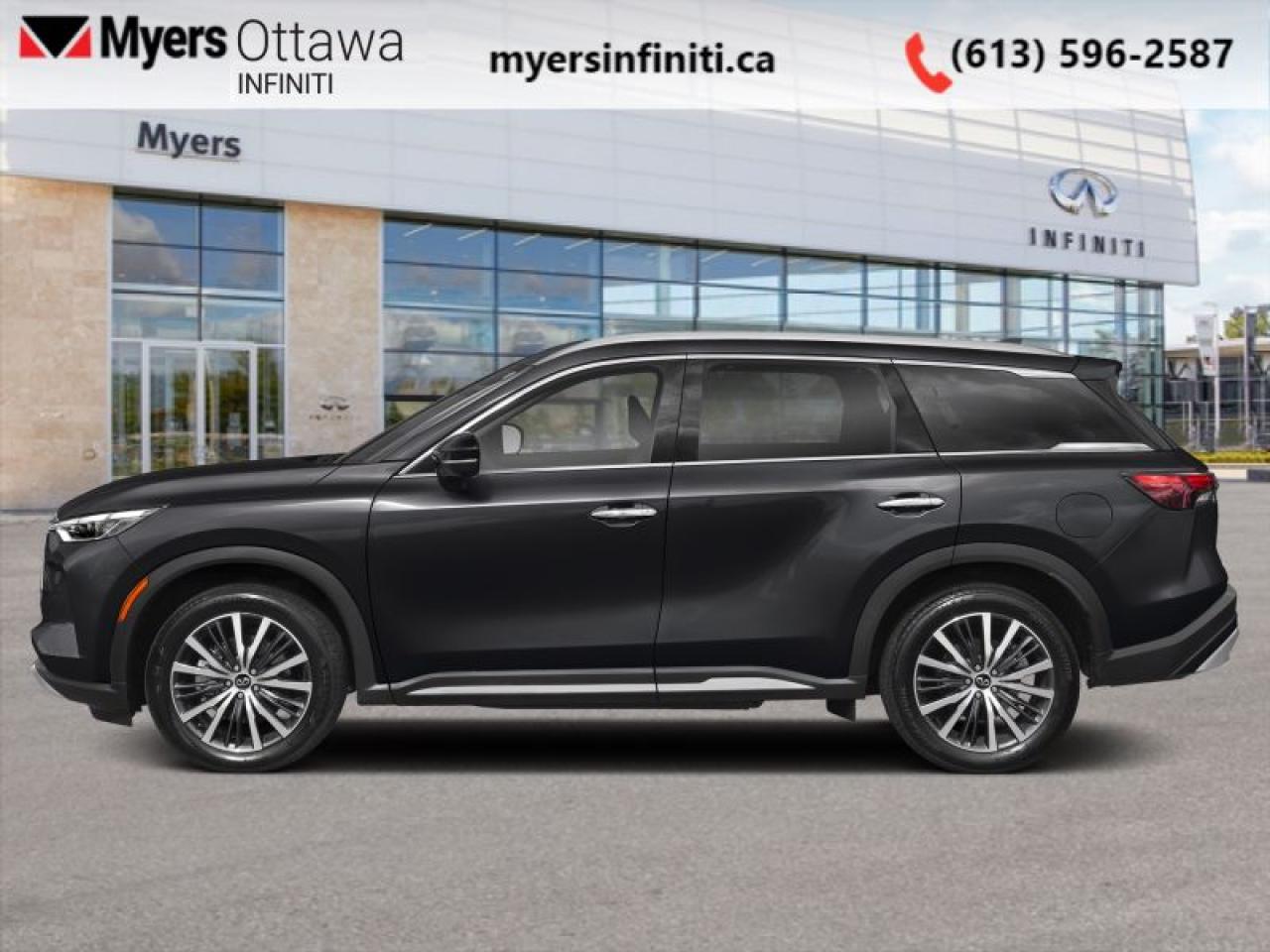 <b>Cooled Seats,  Massage Seats,  HUD,  Tow Equipment,  Navigation!</b><br> <br> <br> <br>  This Infiniti QX60 is a great choice for those looking for a roomy and comfortable seven-passenger luxury crossover with an impressive feature list. <br> <br>This Infiniti QX60 is transforming the seven-passenger crossover segment with a harmonious connection between expressive design, attention to detail, and intuitive technology. Dont let its beauty fool you though. This QX60 can handle the toughest roads.  Experience luxury made sensory and desire with unprecedented potential.<br> <br> This mineral blk prl SUV  has an automatic transmission and is powered by a  268HP 2.0L 4 Cylinder Engine.<br> <br> Our QX60s trim level is AUTOGRAPH. This range-topping QX60 Autograph adds in massaging seats, a drivers heads up display and tow equipment, along with inbuilt navigation, adaptive cruise control and a 360-surround camera system. Other standard features include a dual-panel glass sunroof with a power sunshade, a power liftgate for rear cargo access, semi-aniline leather-trimmed ventilated and heated front seats with lumbar support, a heated leather-wrapped steering wheel, and dual-zone front climate control. Infotainment duties are handled by a 12.3-inch display with Apple CarPlay, Android Auto and SiriusXM, which is paired with a 9-speaker audio setup. Additional features include lane departure warning, front and rear collision mitigation, blind spot warning, and mobile device wireless charging. This vehicle has been upgraded with the following features: Cooled Seats,  Massage Seats,  Hud,  Tow Equipment,  Navigation,  Adaptive Cruise Control,  360 Camera. <br><br> <br>To apply right now for financing use this link : <a href=https://www.myersinfiniti.ca/finance/ target=_blank>https://www.myersinfiniti.ca/finance/</a><br><br> <br/>    3.99% financing for 84 months. <br> Buy this vehicle now for the lowest bi-weekly payment of <b>$550.34</b> with $0 down for 84 months @ 3.99% APR O.A.C. ( taxes included, $921  and licensing fees    ).  Incentives expire 2025-01-31.  See dealer for details. <br> <br><br> Come by and check out our fleet of 20+ used cars and trucks and 50+ new cars and trucks for sale in Ottawa.  o~o