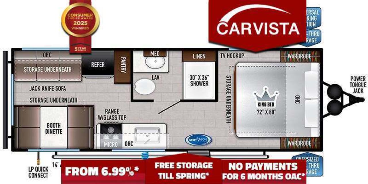 FREE WINTER STORAGE FOR 2024/SPRING 2025 ON UNITS PURCHASED!* See dealer for details. No Payments for up to 6 months. Low interest options available! Come see why Carvista has been the Consumer Choice Award Winner for 5 consecutive years! 2021-2025!

Are you looking for a high-quality, lightweight travel trailer that’s perfect for weekend getaways or extended road trips? This 2022 East to West Della Terra 200RD is an excellent choice, offering a spacious interior, modern amenities, and a well-designed floor plan that maximizes comfort and convenience.

Key Specifications:
Dry Weight: 5218 lbs
Hitch Weight: 575 lbs
Gross Vehicle Weight Rating (GVWR): 7575 lbs
Cargo Carrying Capacity: 2,082 lbs
Length: 28
Width: 96”
Height: 10’ 11”
Interior Height: 6.75
Interior Features:
Spacious Rear Dinette with large panoramic windows, providing plenty of natural light and a comfortable space for dining or relaxing.
Front King Bed with overhead storage, nightstands, and under-bed storage.
Fully Equipped Kitchen with a three-burner stove, oven, microwave, and large refrigerator for easy meal preparation.
Full Bathroom with a spacious shower, vanity, and foot-flush toilet for home-like convenience.
Ample Storage throughout the unit, including overhead cabinets, a wardrobe, and a pantry.
Entertainment Center with TV hookups and Bluetooth-capable audio system.
Exterior Features:
Power Awning with LED lighting for outdoor comfort.
Durable Aluminum Exterior with a modern, sleek design.
Pass-Through Storage for easy access to gear and camping essentials.
Power Tongue Jack for effortless hitching and leveling.
Outdoor Speakers to enjoy music while relaxing outside.
Additional Highlights:
Ducted Air Conditioning & Furnace for year-round comfort
30 AMP Service with Solar Prep
Fresh Water Capacity: 40 gallons
Gray Water Capacity: 30 gallons
Black Water Capacity: 30 gallons
This 2022 East to West Della Terra 200RD is perfect for couples or small families looking for a reliable and comfortable travel trailer. With its lightweight design and easy towing capabilities, it can be towed by many SUVs and half-ton trucks.