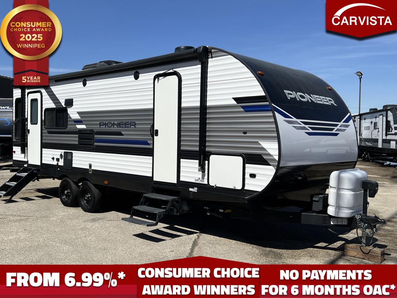 NO TARIFFS ON OUR INVENTORY!  No Payments for up to 6 months. Low interest options available! Come see why Carvista has been the Consumer Choice Award Winner for 5 consecutive years! 2021-2025!

2021 Heartland Pioneer RL250 Travel Trailer – Adventure-Ready & Comfort-Focused!

If you’re looking for a well-built, spacious, and feature-packed travel trailer, the 2021 Heartland Pioneer RL250 is the perfect choice! Designed for adventure seekers who want the comforts of home, this half-ton towable travel trailer offers a roomy interior, modern amenities, and solid construction for years of reliable use.

Specifications & Weights:

Length: 30’ 3”
Width: 8’ 0”
Height: 11’ 2”
Dry Weight: 6134 lbs
Gross Vehicle Weight Rating (GVWR): 7,600 lbs
Cargo Carrying Capacity (CCC): 1434 lbs
Hitch Weight: 620 lbs
Fresh Water Capacity: 41 gallons
Gray Water Capacity: 40 gallons
Black Water Capacity: 40 gallons
Propane Capacity: 9.4 gallons (40 lbs)

Interior Features:

Spacious Rear Living Layout: Enjoy panoramic windows that let in plenty of natural light, paired with comfortable seating, including a plush jackknife sofa and dinette that convert into extra sleeping spaces.
Entertainment Center: Pre-wired for TV with cable/satellite hookups and a built-in Bluetooth-compatible sound system.
Modern Kitchen: Fully equipped with a three-burner cooktop, oven, microwave, large double-basin sink, and a 10.7 cu. ft. residential-style refrigerator. Ample counter space and overhead storage make meal prep a breeze.
Private Master Bedroom: Features a queen-size bed, under-bed storage, dual wardrobe closets, and nightstands with USB ports.
Full Bathroom: Includes a spacious shower, foot-flush toilet, mirrored medicine cabinet, and a vanity sink with plenty of storage.

Exterior Features:

20 Power Awning with LED Lights: Provides the perfect shaded outdoor space.
Electric Tongue Jack & Stabilizer Jacks: Making setup quick and easy.
Aluminum Exterior with Rock Guard Protection: Ensures durability on the road.
Pass-Through Storage: Plenty of room for outdoor gear, camping essentials, and tools.
Exterior Speakers & TV Hookup: Bring your entertainment outdoors.
Roof-Mounted A/C (13,500 BTU) & Ducted Furnace (30,000 BTU): Keeps you comfortable in all seasons.

Towing & Compatibility:

This travel trailer is designed to be half-ton towable, making it compatible with many full-size trucks and SUVs. Its lightweight construction and dual-axle design ensure a smooth towing experience. The electric brakes and sway control prep add to its overall towing stability and safety.

Why Choose the 2021 Heartland Pioneer RL250?

This Pioneer RL250 is the ideal travel trailer for weekend getaways, cross-country trips, and extended stays. Whether you’re an experienced RVer or a first-time buyer, this unit offers the perfect combination of space, luxury, and convenience at an affordable price.

Come see why Carvista has been the Consumer Choice Award Winner for 5 consecutive years! 2021, 2022, 2023, 2024 and 2025! Dont play the waiting game, our units are in-stock, no pre-order necessary!! See for yourself why Carvista has won this prestigious award and continues to serve its community. Carvista Approved! Our RVista package includes a complete inspection of your camper that includes general testing of the camper systems! We pride ourselves in providing the highest quality trailers possible, and include a rigorous detail to ensure you get the cleanest trailer around.

Prices and payments exclude GST OR PST 

Carvista Inc. Dealer Permit # 1211

Category: Used Camper

Units may not be exactly as shown, please verify all details with a sales person.