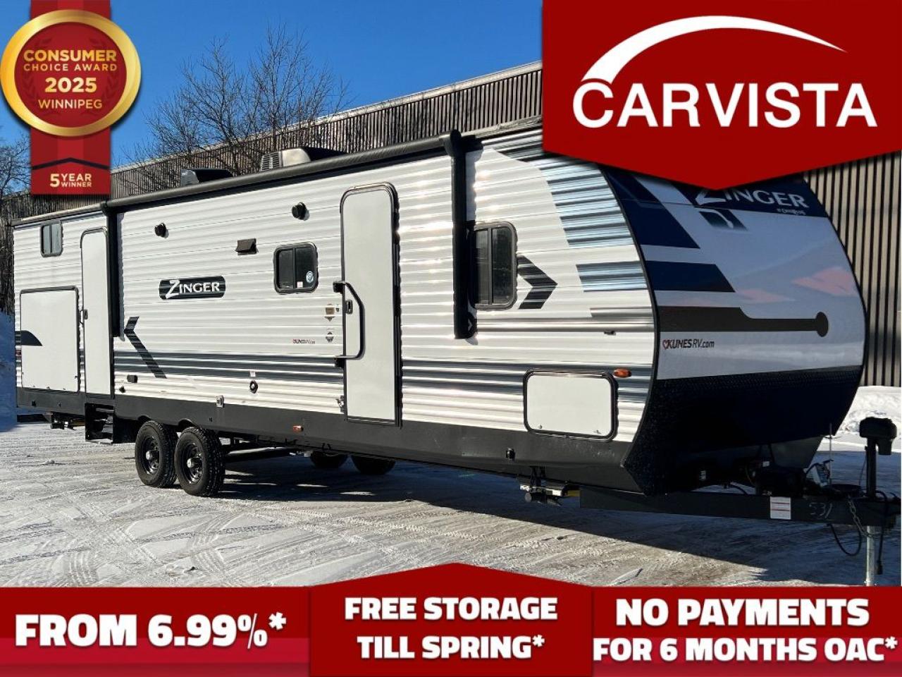 FREE WINTER STORAGE FOR 2024/SPRING 2025 ON UNITS PURCHASED!* See dealer for details. No Payments for up to 6 months. Low interest options available! Come see why Carvista has been the Consumer Choice Award Winner for 5 consecutive years! 2021-2025!

If youre looking for a well-equipped, spacious travel trailer that offers comfort, functionality, and plenty of sleeping capacity, the 2022 Keystone Zinger 328SB is the perfect choice. This bunkhouse model is designed with families and large groups in mind, providing ample space, modern amenities, and a durable build for all your camping adventures.

Specifications:

Dry Weight: Approx. 7756 lbs.
Payload Capacity: Approx. 1,984 lbs.
GVWR: 9740 lbs.
Hitch Weight: 942 lbs.
Exterior Length: 366
Exterior Width: 80
Exterior Height: 112
Fresh Water Capacity: 51 gal.
Gray Water Capacity: 39 gal.
Black Water Capacity: 39 gal.
Sleeping Capacity: Up to 10 people

Interior Features:

Private Bunkhouse: Equipped with two bunks, a jackknife sofa, and additional storage, creating a perfect retreat for kids or guests.
Spacious Living Area: Includes a jackknife sofa and a U-shaped dinette, providing plenty of seating and an open feel.
Fully Equipped Kitchen: Features a large sink, 3-burner stove, oven, microwave, large 12V fridge and ample counter space for meal prep.
Entertainment Center: Includes a TV mount area, Bluetooth stereo system, and interior speakers for an enjoyable camping experience.
Private Master Bedroom: Offers a queen-sized bed, overhead storage, and dual wardrobes for extra storage space.

Exterior Features:

Outdoor Kitchen: Comes with a mini-fridge, sink, and a two-burner stove for convenient outdoor cooking.
18 Power Awning with LED Lighting: Provides shade and a great outdoor lounging space.
Dual Entry Doors: Allows easy access to both the living area and the bathroom.
Power Stabilizer Jacks & Electric Tongue Jack: Makes setup quick and hassle-free.
Large Pass-Through Storage: Provides extra space for gear and camping essentials.

This 2022 Keystone Zinger 328SB is a fantastic travel trailer for families and large groups looking for a comfortable and feature-packed RV. Whether youre heading to the mountains, the beach, or a long-term campsite, this Zinger delivers everything you need for a memorable adventure.

Come see why Carvista has been the Consumer Choice Award Winner for 5 consecutive years! 2021, 2022, 2023, 2024 and 2025! Dont play the waiting game, our units are in-stock, no pre-order necessary!! See for yourself why Carvista has won this prestigious award and continues to serve its community. Carvista Approved! Our RVista package includes a complete inspection of your camper that includes general testing of the camper systems! We pride ourselves in providing the highest quality trailers possible, and include a rigorous detail to ensure you get the cleanest trailer around.

Prices and payments exclude GST OR PST 

Carvista Inc. Dealer Permit # 1211

Category: Used Camper

Units may not be exactly as shown, please verify all details with a sales person.