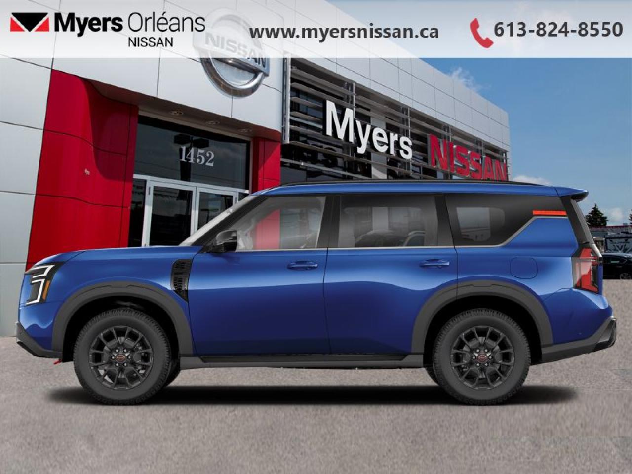 <b>Leather Seats!</b><br> <br> <br> <br>  Whether its your familys busy week, an adventurous weekend or a long haul, trust this 2025 Armada to get it done. <br> <br>This 2025 Nissan Armada with its excellent road manners is arguably one of the best SUVs on the market. A well fitted and luxurious cabin keeps all passengers comfortable as it tackles highways and back roads with the same level of expertise and confidence. High towing capabilities as well as a generous cargo space only add to the versatility of this premium SUV, letting you haul family and luggage alike with no sacrifices being made to stability or power delivery.<br> <br> This deep ocean blue pearl SUV  has an automatic transmission and is powered by a  425HP 3.5L V6 Cylinder Engine.<br> <br> Our Armadas trim level is PRO-4X.  This vehicle has been upgraded with the following features: Leather Seats. <br><br> <br/>    6.49% financing for 84 months. <br> Payments from <b>$1469.57</b> monthly with $0 down for 84 months @ 6.49% APR O.A.C. ( Plus applicable taxes -  $621 Administration fee included. Licensing not included.    ).  Incentives expire 2025-03-31.  See dealer for details. <br> <br>We are proud to regularly serve our clients and ready to help you find the right car that fits your needs, your wants, and your budget.And, of course, were always happy to answer any of your questions.Proudly supporting Ottawa, Orleans, Vanier, Barrhaven, Kanata, Nepean, Stittsville, Carp, Dunrobin, Kemptville, Westboro, Cumberland, Rockland, Embrun , Casselman , Limoges, Crysler and beyond! Call us at (613) 824-8550 or use the Get More Info button for more information. Please see dealer for details. The vehicle may not be exactly as shown. The selling price includes all fees, licensing & taxes are extra. OMVIC licensed.Find out why Myers Orleans Nissan is Ottawas number one rated Nissan dealership for customer satisfaction! We take pride in offering our clients exceptional bilingual customer service throughout our sales, service and parts departments. Located just off highway 174 at the Jean DÀrc exit, in the Orleans Auto Mall, we have a huge selection of New vehicles and our professional team will help you find the Nissan that fits both your lifestyle and budget. And if we dont have it here, we will find it or you! Visit or call us today.<br> Come by and check out our fleet of 20+ used cars and trucks and 100+ new cars and trucks for sale in Orleans.  o~o