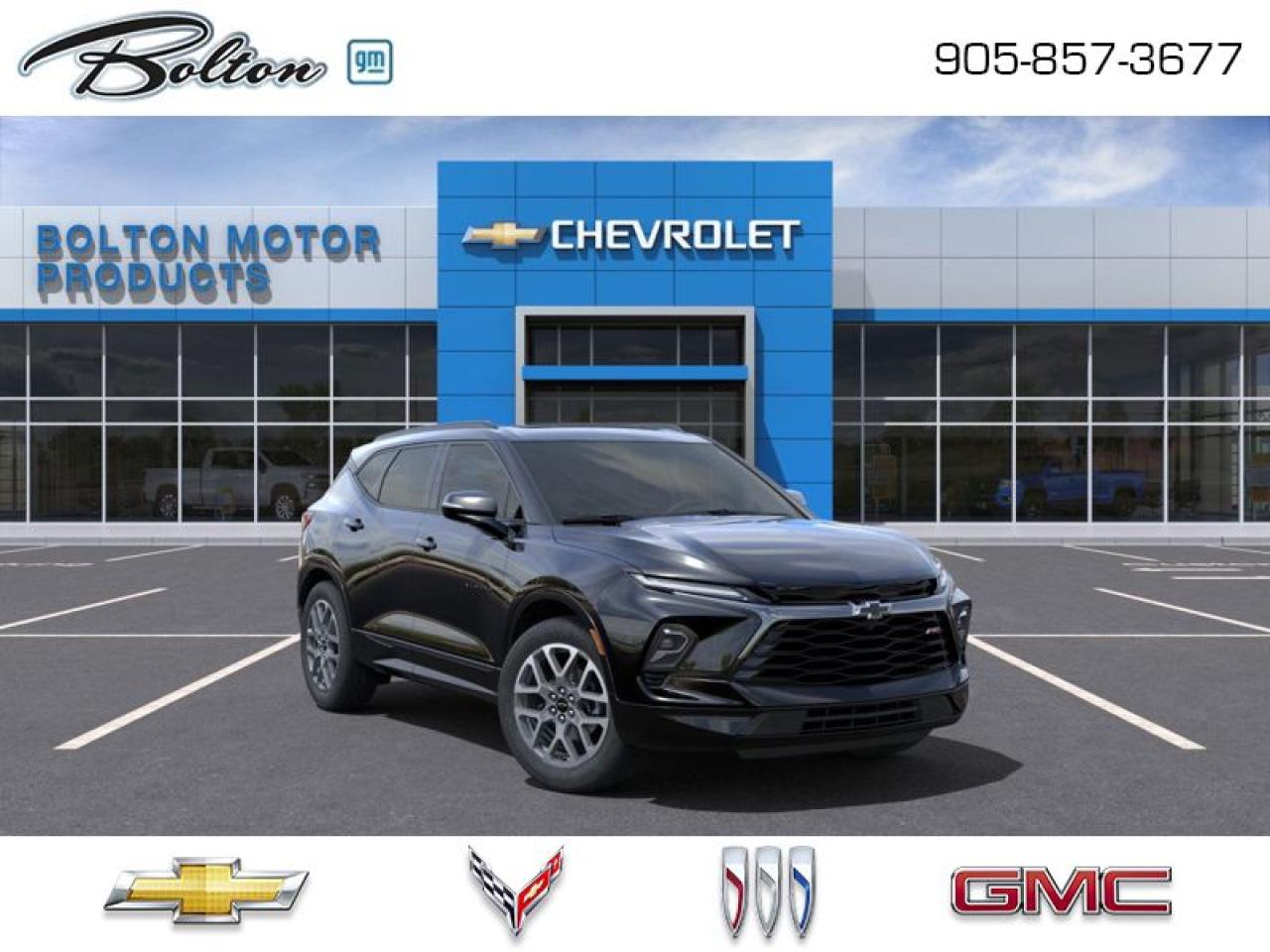 <b>Leather Seats, Safety Plus Package, Convenience Package!</b><br> <br> <br> <br>  Aggressive yet elegant and with immense style and athleticism, this 2025 Blazer is a study in balance. <br> <br>Sculpted and stylish with a roomy, driver-centric interior, this Chevrolet Blazer is engineered with form and function in mind. With loads of features and tech, it is a potent and highly capable crossover SUV that is big on practicality, passenger comfort and premium driving experiences. With a driver-focused interior, this Chevy Blazer invites you to take the wheel. Controls, switches and features are easily within reach and right where you expect them to be.<br> <br> This black SUV  has an automatic transmission and is powered by a  308HP 3.6L V6 Cylinder Engine.<br> <br> Our Blazers trim level is RS. Standard features include wireless charging for mobile devices, Bose premium audio, a power liftgate for rear cargo access, leather upholstery, heated seats, remote engine start, dual-zone automatic climate control, and a 10.2-inch diagonal infotainment screen with wireless Apple CarPlay and Android Auto. Safety features also include rear park assist, blind zone alert, automatic emergency braking, front pedestrian braking, lane keep assist with lane departure warning, following distance indicator and forward collision alert. This vehicle has been upgraded with the following features: Leather Seats, Safety Plus Package, Convenience Package. <br><br> <br>To apply right now for financing use this link : <a href=http://www.boltongm.ca/?https://CreditOnline.dealertrack.ca/Web/Default.aspx?Token=44d8010f-7908-4762-ad47-0d0b7de44fa8&Lang=en target=_blank>http://www.boltongm.ca/?https://CreditOnline.dealertrack.ca/Web/Default.aspx?Token=44d8010f-7908-4762-ad47-0d0b7de44fa8&Lang=en</a><br><br> <br/><br>At Bolton Motor Products, we offer new Chevrolet, Cadillac, Buick, GMC cars and trucks in Bolton, along with used cars, trucks and SUVs by top manufacturers. Our sales staff will help you find that new or used car you have been searching for in the Bolton, Brampton, Nobleton, Kleinburg, Vaughan, & Maple area. o~o