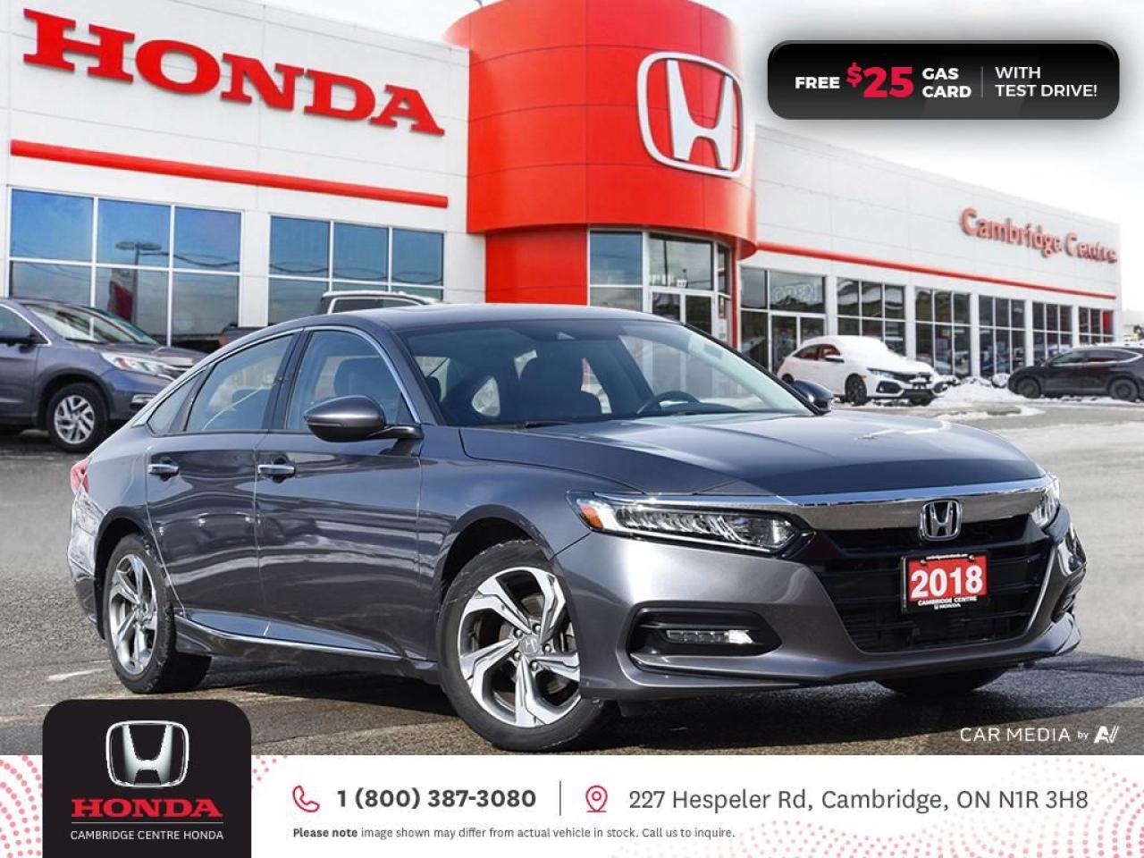 <p><strong>GREAT VEHICLE! NO REPORTED ACCIDENTS! TEST DRIVE TODAY! </strong>2018 Honda Accord EX-L featuring CVT transmission, five passenger seating, leather interior, heated steering wheel, power sunroof, the Honda Sensing technologies: Adaptive Cruise Control, Forward Collision Warning system, Collision Mitigation Braking system, Lane Departure Warning system, Lane Keeping Assist system and Road Departure Mitigation system, LaneWatch passenger side blind spot display, SiriusXM satellite radio and Apple CarPlay and Android Auto connectivity, Bluetooth, multi-angle rearview camera, push button start, proximity key entry, auto-on/off headlights, fog lights, ECON mode button and Eco-Assist system, steering wheel mounted controls, cruise control, brake hold, air conditioning, dual climate zones, heated seats, power and heated mirrors, power locks, remote keyless entry with trunk release, power windows, split fold rear seat, electronic stability control and anti-lock braking system. Contact Cambridge Centre Honda for special discounted finance rates, as low as 8.99%, on approved credit from Honda Financial Services.</p>

<p><span style=color:#ff0000><strong>FREE $25 GAS CARD WITH TEST DRIVE!</strong></span></p>

<p>Our philosophy is simple. We believe that buying and owning a car should be easy, enjoyable and transparent. Welcome to the Cambridge Centre Honda Family! Cambridge Centre Honda proudly serves customers from Cambridge, Kitchener, Waterloo, Brantford, Hamilton, Waterford, Brant, Woodstock, Paris, Branchton, Preston, Hespeler, Galt, Puslinch, Morriston, Roseville, Plattsville, New Hamburg, Baden, Tavistock, Stratford, Wellesley, St. Clements, St. Jacobs, Elmira, Breslau, Guelph, Fergus, Elora, Rockwood, Halton Hills, Georgetown, Milton and all across Ontario!</p>