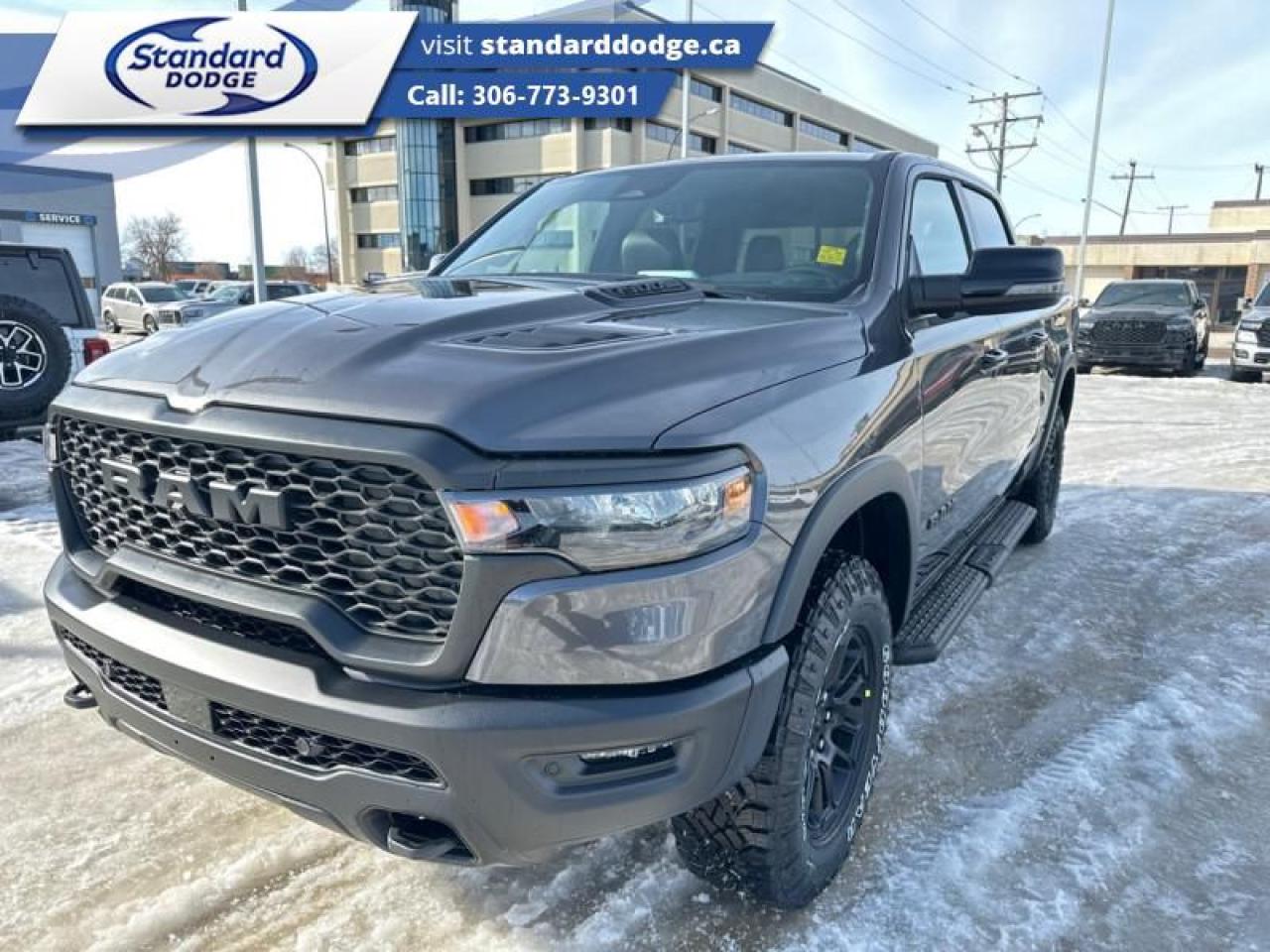 <b>Leather Seats, Technology Group, Running Boards , Bed Utility Group!</b><br> <br> <br> <br>  Make light work of tough jobs in this 2025 Ram 1500, with exceptional towing, torque and payload capability. Includes 4 x Gatorback Mud Flaps!<br> <br> This granite crystal metallic Crew Cab 4X4 pickup   has a 8 speed automatic transmission and is powered by a  420HP 3.0L Straight 6 Cylinder Engine.<br> <br> Our 1500s trim level is Rebel. This Ram 1500 in the Rebel trim offers off-roading suspension with Bilstein dampers, and rewards you with a leather-wrapped heated steering wheel, a 360 camera system, a 10-speaker Alpine audio, and a 12-inch infotainment screen with inbuilt navigation, Apple CarPlay and Android Auto, and 4G LTE Wi-Fi hotspot. Additional features include class IV towing equipment, black off-road wheels with black fender flares, power adjustable pedals, intersection collision assist, evasion assist, lane keep assist with lane departure warning, and even more! This vehicle has been upgraded with the following features: Leather Seats, Technology Group, Running Boards , Bed Utility Group. <br><br> View the original window sticker for this vehicle with this url <b><a href=http://www.chrysler.com/hostd/windowsticker/getWindowStickerPdf.do?vin=1C6SRFLPXSN677967 target=_blank>http://www.chrysler.com/hostd/windowsticker/getWindowStickerPdf.do?vin=1C6SRFLPXSN677967</a></b>.<br> <br>To apply right now for financing use this link : <a href=https://standarddodge.ca/financing target=_blank>https://standarddodge.ca/financing</a><br><br> <br/><br>* Visit Us Today *Youve earned this - stop by Standard Chrysler Dodge Jeep Ram located at 208 Cheadle St W., Swift Current, SK S9H0B5 to make this car yours today! <br> Pricing may not reflect additional accessories that have been added to the advertised vehicle<br> o~o