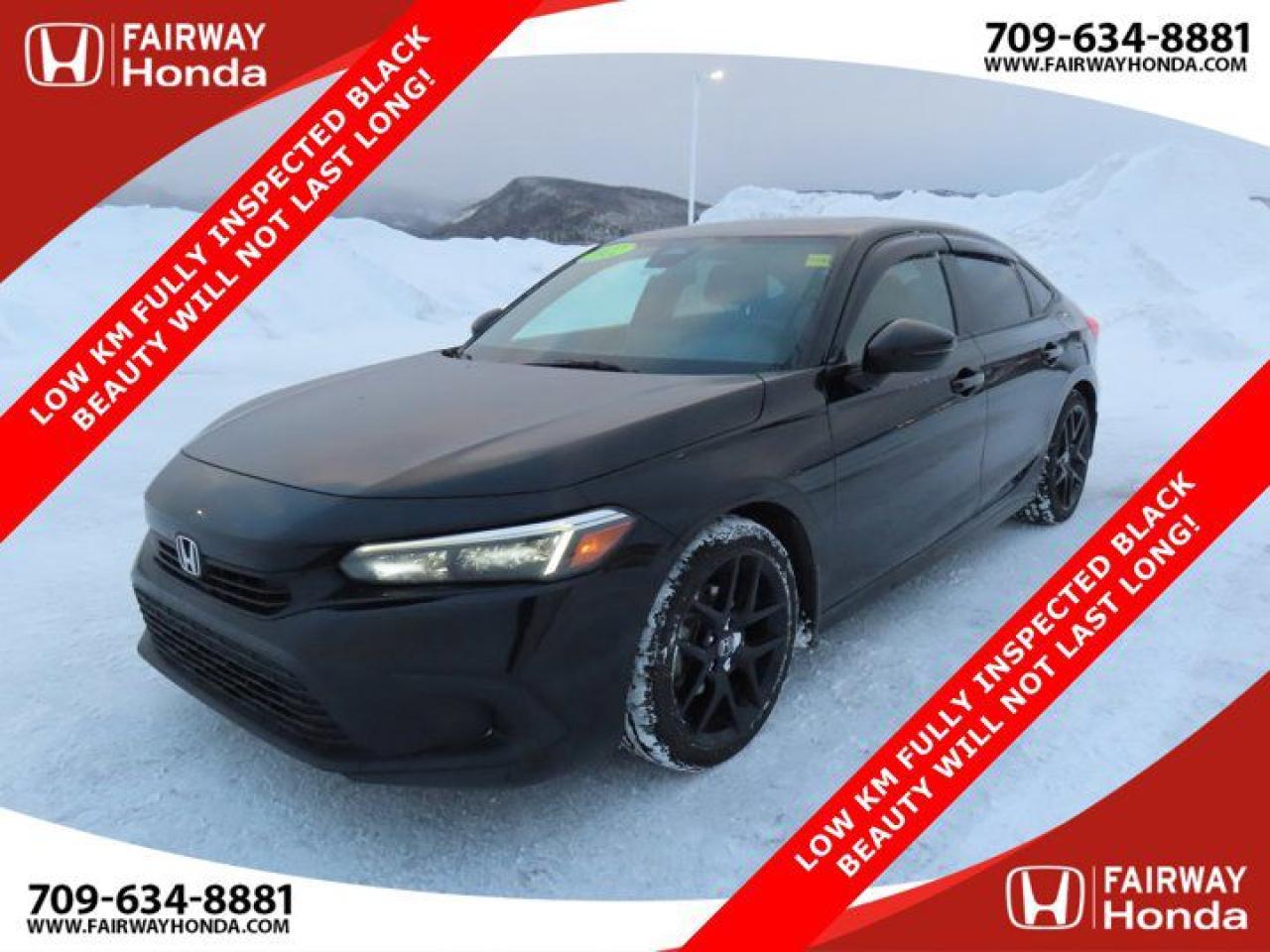 Awards:* ALG Canada Residual Value AwardsRecent Arrival!Odometer is 6568 kilometers below market average! Crystal Black Pearl 2022 Honda Civic Sport THIS LOW KM FULLY INSPECTED BLACK BEAUTY WILL NOT FWD CVT 2.0L I4 DOHC 16V i-VTEC*Professionally Detailed*, *Market Value Pricing*, Black w/Fabric Seating Surfaces, 4-Wheel Disc Brakes, 8 Speakers, ABS brakes, Air Conditioning, AM/FM radio, Apple CarPlay/Android Auto, Auto High-beam Headlights, Automatic temperature control, Brake assist, Bumpers: body-colour, Combi Fabric Seating Surfaces, Delay-off headlights, Driver door bin, Driver vanity mirror, Dual front impact airbags, Dual front side impact airbags, Electronic Stability Control, Exterior Parking Camera Rear, Forward collision: Collision Mitigation Braking System (CMBS) + FCW mitigation, Four wheel independent suspension, Front anti-roll bar, Front dual zone A/C, Front reading lights, Fully automatic headlights, Heated door mirrors, Heated Front Bucket Seats, Heated steering wheel, Illuminated entry, Knee airbag, Leather Shift Knob, Leather steering wheel, Low tire pressure warning, Occupant sensing airbag, Outside temperature display, Overhead airbag, Overhead console, Panic alarm, Passenger door bin, Passenger vanity mirror, Power door mirrors, Power moonroof, Power steering, Power windows, Radio data system, Radio: AM/FM Audio System, Rear anti-roll bar, Rear side impact airbag, Rear window defroster, Remote keyless entry, Security system, Speed control, Speed-sensing steering, Speed-Sensitive Wipers, Split folding rear seat, Steering wheel mounted audio controls, Tachometer, Telescoping steering wheel, Tilt steering wheel, Traction control, Trip computer, Turn signal indicator mirrors, Variably intermittent wipers, Wheels: 18 Aluminum-Alloy Black.Honda Certified Details:* Multipoint Inspection* 7 day/1,000 km exchange privilege whichever comes first* Vehicle history report. Access to MyHonda* 24 hours/day, 7 days/week* Exclusive finance rates on Certified Pre-Owned Honda models* 7 year / 160,000 km Power Train Warranty whichever comes first. This is an additional 2 year/60,000 kms beyond the original factory Power Train warranty. Honda Certified Used Vehicles also have the option to upgrade to a Honda Plus Extended WarrantyFairway Honda - Community Driven!