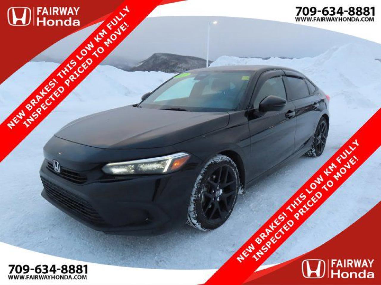 Awards:* ALG Canada Residual Value AwardsCrystal Black Pearl 2022 Honda Civic Sport NEW BRAKES! THIS LOW KM FULLY INSPECTED PRICED TO FWD CVT 2.0L I4 DOHC 16V i-VTEC*Professionally Detailed*, *Market Value Pricing*, Black w/Fabric Seating Surfaces, 4-Wheel Disc Brakes, 8 Speakers, ABS brakes, Air Conditioning, AM/FM radio, Apple CarPlay/Android Auto, Auto High-beam Headlights, Automatic temperature control, Brake assist, Bumpers: body-colour, Combi Fabric Seating Surfaces, Delay-off headlights, Driver door bin, Driver vanity mirror, Dual front impact airbags, Dual front side impact airbags, Electronic Stability Control, Exterior Parking Camera Rear, Forward collision: Collision Mitigation Braking System (CMBS) + FCW mitigation, Four wheel independent suspension, Front anti-roll bar, Front dual zone A/C, Front reading lights, Fully automatic headlights, Heated door mirrors, Heated Front Bucket Seats, Heated steering wheel, Illuminated entry, Knee airbag, Leather Shift Knob, Leather steering wheel, Low tire pressure warning, Occupant sensing airbag, Outside temperature display, Overhead airbag, Overhead console, Panic alarm, Passenger door bin, Passenger vanity mirror, Power door mirrors, Power moonroof, Power steering, Power windows, Radio data system, Radio: AM/FM Audio System, Rear anti-roll bar, Rear side impact airbag, Rear window defroster, Remote keyless entry, Security system, Speed control, Speed-sensing steering, Speed-Sensitive Wipers, Split folding rear seat, Steering wheel mounted audio controls, Tachometer, Telescoping steering wheel, Tilt steering wheel, Traction control, Trip computer, Turn signal indicator mirrors, Variably intermittent wipers, Wheels: 18 Aluminum-Alloy Black.Honda Certified Details:* 24 hours/day, 7 days/week* Exclusive finance rates on Certified Pre-Owned Honda models* 7 day/1,000 km exchange privilege whichever comes first* 7 year / 160,000 km Power Train Warranty whichever comes first. This is an additional 2 year/60,000 kms beyond the original factory Power Train warranty. Honda Certified Used Vehicles also have the option to upgrade to a Honda Plus Extended Warranty* Vehicle history report. Access to MyHonda* Multipoint InspectionFairway Honda - Community Driven!