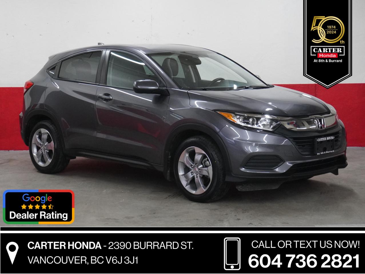 2021 HR-V LX AWD APPLE/ANDROID NO ACCIDENTS. THIS GREY ON BLACK 2021 HONDA HR-V LX IS AN ALL WHEEL DRIVE AND CERTIFIED WITH WARRANTY UNTIL JULY 19, 2028 OR 160,000 KMS, WHICHEVER COMES FIRST. ZERO (0) ACCIDENTS. Front and rear tires are new. Front brakes are at 8/10 mm, rear brakes are at 7/10 mm. This car also has a new battery. The 2021 hr-v lx has Apple Carplay, android auto, bluetooth, backup camera, heated seats, heated mirrors, alloy rims, keyless entry and too many more features to list. 

WHY CARTER HONDA? 

Exceeding our Customers Expectations for Over 30 Years.

Upfront Pricing, ZERO Hidden Fees and 7-Day Exchange Policy 
 
4.5 Google Star Rating with 2000+ Customer Reviews
 	2023, 2022 and 2021 Dealer of the Year Award from Dealer Rater
 	CARFAX - Full Vehicle Service History 
 	Vehicle Trades Welcome! Best Price Guaranteed!

Award-Winning Honda Vehicle Selection
 	Fast Approvals and 99% Acceptance Rates
 	Multilingual Consultants
 	Comfortable Non-Pressured Showroom

Were here to help you drive the vehicle you want, the vehicle you deserve!
 
QUESTIONS? GREAT! WEVE GOT ANSWERS!
CALL OR TEXT US NOW! (604) 736-2821
(Doc. Fee: $795.00 | Dealer Code: 1100)