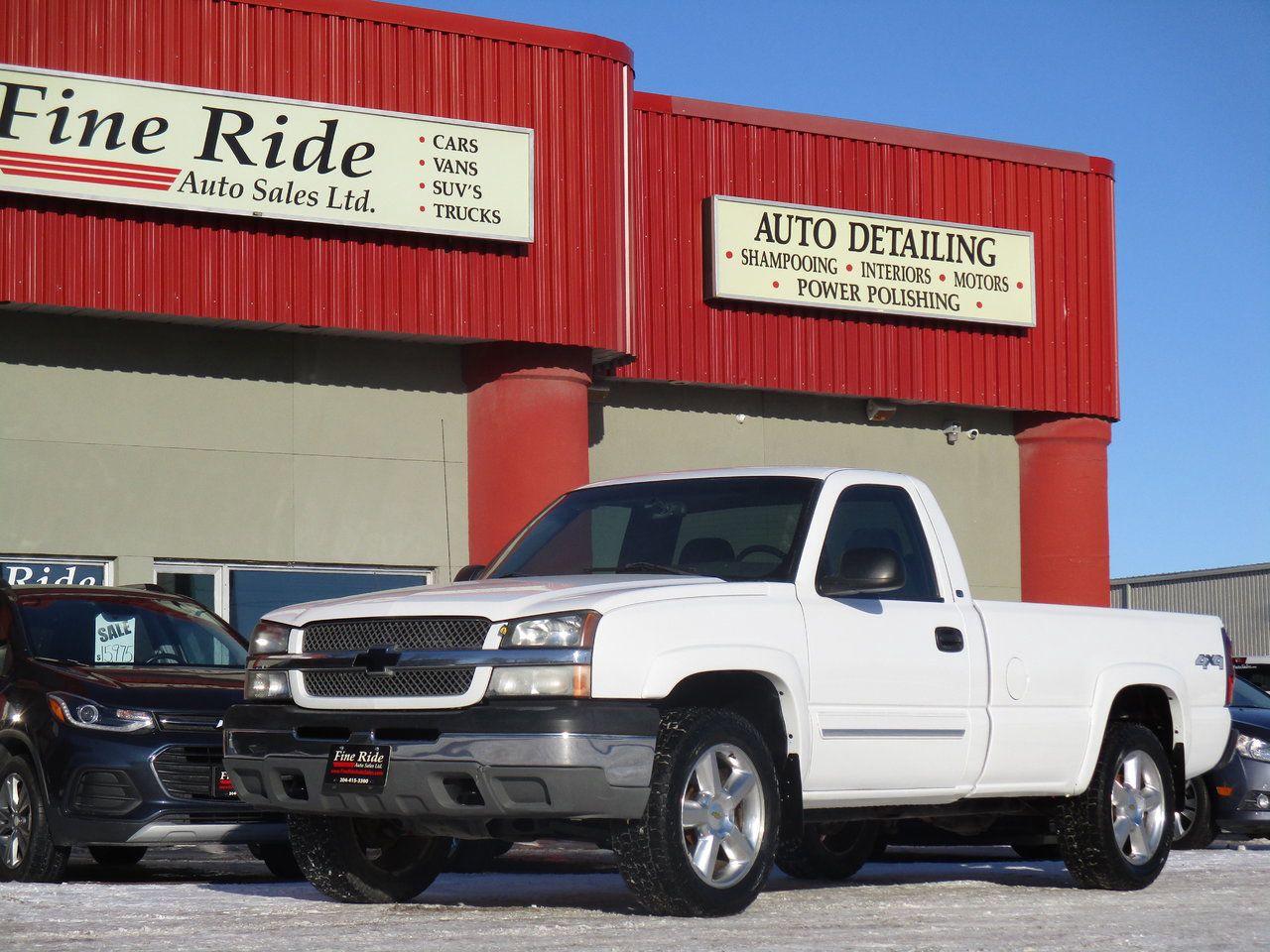 <p>2005 Chevrolet Silverado 1500 Regular Cab Long Box 4X4</p><p>4.8LTR V8<br>A/C<br>Tilt<br>Cruise<br>Power windows<br>Power locks<br>Power mirrors<br>3 passengers<br>AM/FM radio<br>281,000kms (Approximately 14,000kms per year)<br>8ft box<br>20 wheels<br>Privacy glass<br>CLAIM FREE truck!</p><p><span style=color:#000000;><span style=font-family:book antiqua, palatino, serif;font-size:14pt;><u>GVW:</u> </span><i><span style=font-family:book antiqua, palatino, serif;font-size:14pt;><strong>6,400LBS</strong></span></i></span><br><span style=color:#000000;><span style=font-family:book antiqua, palatino, serif;font-size:14pt;><u>Gear ratio:</u> </span><i><span style=font-family:book antiqua, palatino, serif;font-size:14pt;><strong>3:42 Limited slip differential</strong></span></i></span><br><span style=color:#000000;><span style=font-family:book antiqua, palatino, serif;font-size:14pt;><u>Transmission:</u> </span><i><span style=font-family:book antiqua, palatino, serif;font-size:14pt;><strong>4L-60E 4 speed</strong></span></i></span><br><span style=color:#000000;><span style=font-family:book antiqua, palatino, serif;font-size:14pt;><u>Towing:</u> Approximately </span><i><span style=font-family:book antiqua, palatino, serif;font-size:14pt;><strong>8,000LBS</strong></span></i></span></p><p>$12,975 Safetied<br>Financing and Warranty Available at Fine Ride Auto Sales Ltd<br>www.FineRideAutoSales.ca</p><p>Call: 204-415-3300 or 1-855-854-3300<br>Text: 204-226-1790<br>View in person at: Unit 3-3000 Main Street</p><p>DLR# 4614<br>**Plus applicable taxes**</p><p></p><p style=text-align:center;><span style=color:#000000;><span style=font-family:book antiqua, palatino, serif;font-size:14pt;>Monday                9am to 6pm</span></span><br><span style=color:#000000;><span style=font-family:book antiqua, palatino, serif;font-size:14pt;>Tuesday               9am to 6pm</span></span><br><span style=color:#000000;><span style=font-family:book antiqua, palatino, serif;font-size:14pt;>Wednesday               9am to 6pm</span></span><br><span style=color:#000000;><span style=font-family:book antiqua, palatino, serif;font-size:14pt;>Thursday                9am to 6pm</span></span><br><span style=color:#000000;><span style=font-family:book antiqua, palatino, serif;font-size:14pt;>Friday                9am to 5pm</span></span><br><span style=color:#000000;><span style=font-family:book antiqua, palatino, serif;font-size:14pt;>Saturday                   10am to 2pm</span></span><br><span style=color:#000000;><span style=font-family:book antiqua, palatino, serif;font-size:14pt;>Sunday                    CLOSED</span></span></p>