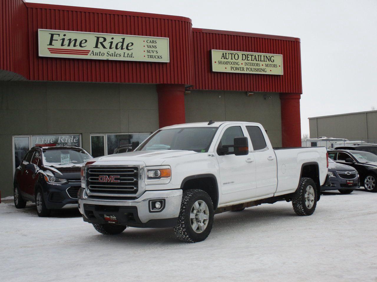 <p>2015 GMC Sierra 3500HD SLE Double Cab Long Box Z71</p><p>6.0LTR V8 gas<br>Tilt<br>Cruise<br>Power windows<br>Power locks<br>Power mirrors<br>Power seat (drivers)<br>AM/FM radio<br>Bluetooth<br>6 passengers<br>239,000kms<br>Factory remote starter<br>8ft box<br>Aluminum wheels<br>Fog lights</p><p>GVW: 11,000LBS<br>Gear ratio: 4:10 Limited slip differential<br>Transmission: 6L-90 6 speed<br>Towing: Approximately 13,000LBS</p><p><strong>MORE PICTURES TO FOLLOW</strong></p><p>$24,975 Safetied<br>Financing and Warranty Available at Fine Ride Auto Sales Ltd<br>www.FineRideAutoSales.ca</p><p>Call: 204-415-3300 or 1-855-854-3300<br>Text: 204-226-1790<br>View in person at: Unit 3-3000 Main Street</p><p>DLR# 4614<br>**Plus applicable taxes**</p><p></p><p><span style=color:#000000;><span style=font-family:book antiqua, palatino, serif;font-size:14pt;>Monday                9am to 6pm</span></span><br><span style=color:#000000;><span style=font-family:book antiqua, palatino, serif;font-size:14pt;>Tuesday               9am to 6pm</span></span><br><span style=color:#000000;><span style=font-family:book antiqua, palatino, serif;font-size:14pt;>Wednesday               9am to 6pm</span></span><br><span style=color:#000000;><span style=font-family:book antiqua, palatino, serif;font-size:14pt;>Thursday                9am to 6pm</span></span><br><span style=color:#000000;><span style=font-family:book antiqua, palatino, serif;font-size:14pt;>Friday                9am to 5pm</span></span><br><span style=color:#000000;><span style=font-family:book antiqua, palatino, serif;font-size:14pt;>Saturday                   10am to 2pm</span></span><br><span style=color:#000000;><span style=font-family:book antiqua, palatino, serif;font-size:14pt;>Sunday                    CLOSED</span></span></p>