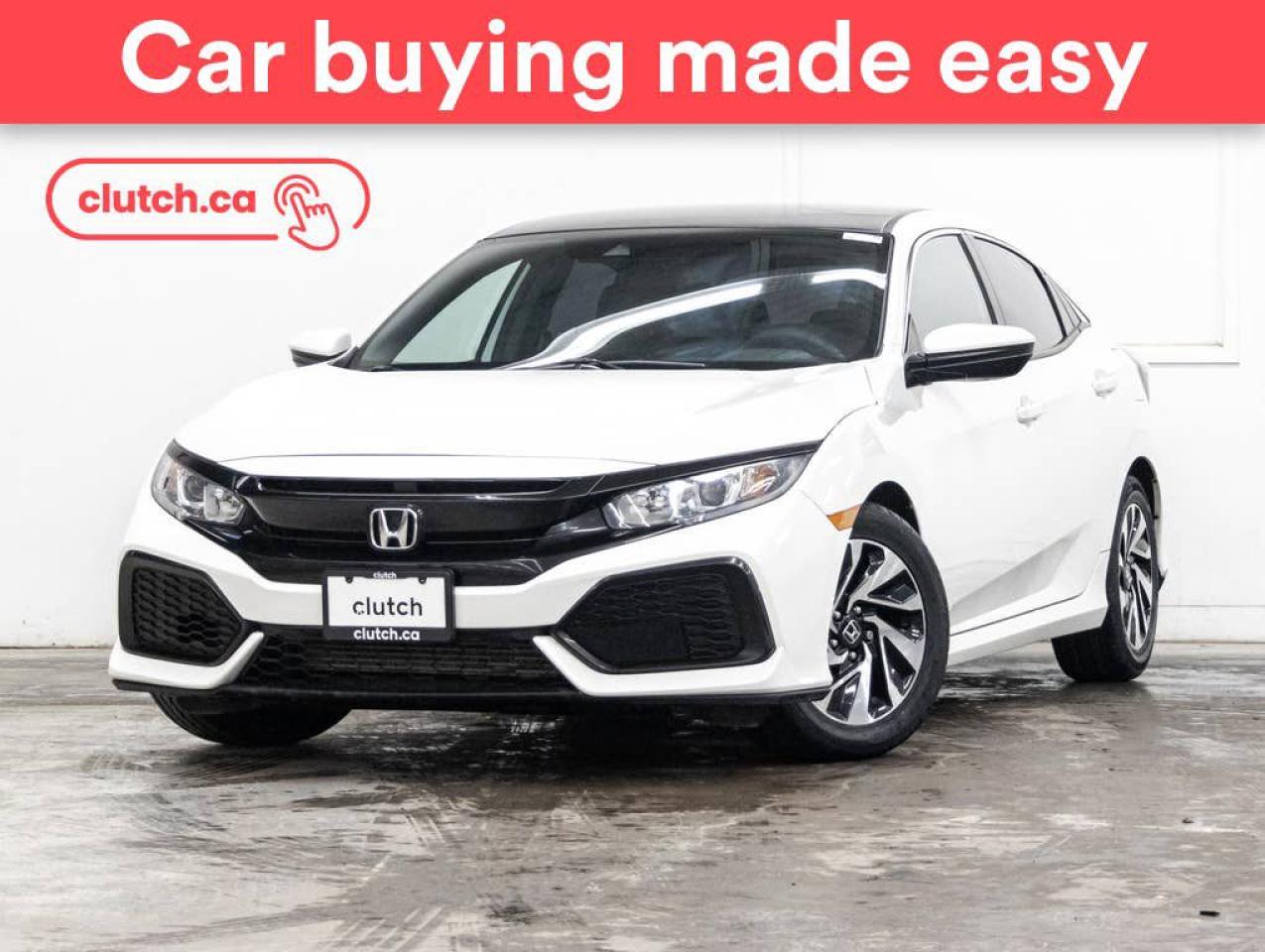 NO ACCIDENTS / CLEAN CARFAX / 1 OWNER / A/C, Steering Wheel Mounted Controls, Bluetooth and more!<br> <br>Clutch is the largest online used car retailer in Canada, delivering a seamless, hassle-free car-buying experience to drivers everywhere. Shop hundreds of used cars online, get the right one delivered to your door, and enjoy peace of mind with our optional 10-Day Money-Back Guarantee. How sweet is that? To learn more, visit clutch.ca.<br> <br>The top features for this 2019 Honda Civic Hatchback include:<br> <br>Apple CarPlay & Android Auto<br>A/C<br>Steering Wheel Mounted Controls<br>Bluetooth<br>Heated Front Seats<br>USB Port<br>12v Outlet<br>Forward Collision Warning<br>Rearview Camera<br>Electronic Parking Brake w/ Auto Brake Hold<br>Econ Mode Button<br>Adaptive Cruise Control<br>Lane Keeping Assist<br>Road Departure Mitigation<br> <br>Seamless home delivery - Delivery to your door in a matter of days. Available on select packages.<br> <br>Try it out for 10 days - If you do not like it, we will take it back. Available on select packages. <br> <br>Quality assured - All cars go through our rigorous 210-point inspection and reconditioning process.<br> <br>Peace of mind - Optional 3-month Standard Warranty, with additional warranty options available.<br> <br>Haggle-free - No haggling or hard sells.<br> <br>100% Transparency - Full inspection reports on every car, including high-res photography and a free Carfax report.<br> <br>Listed price is for cash purchase only and does not include taxes, Shipping Fees (if applicable), Delivery Fees (if applicable), government licensing fees. 10-day Money Back Guarantee, 3-month Standard Warranty, and home delivery are available with select packages.<br> <br>Previous Provincial Registrations:<br>Ontario<br> <br>Stock # 44301
