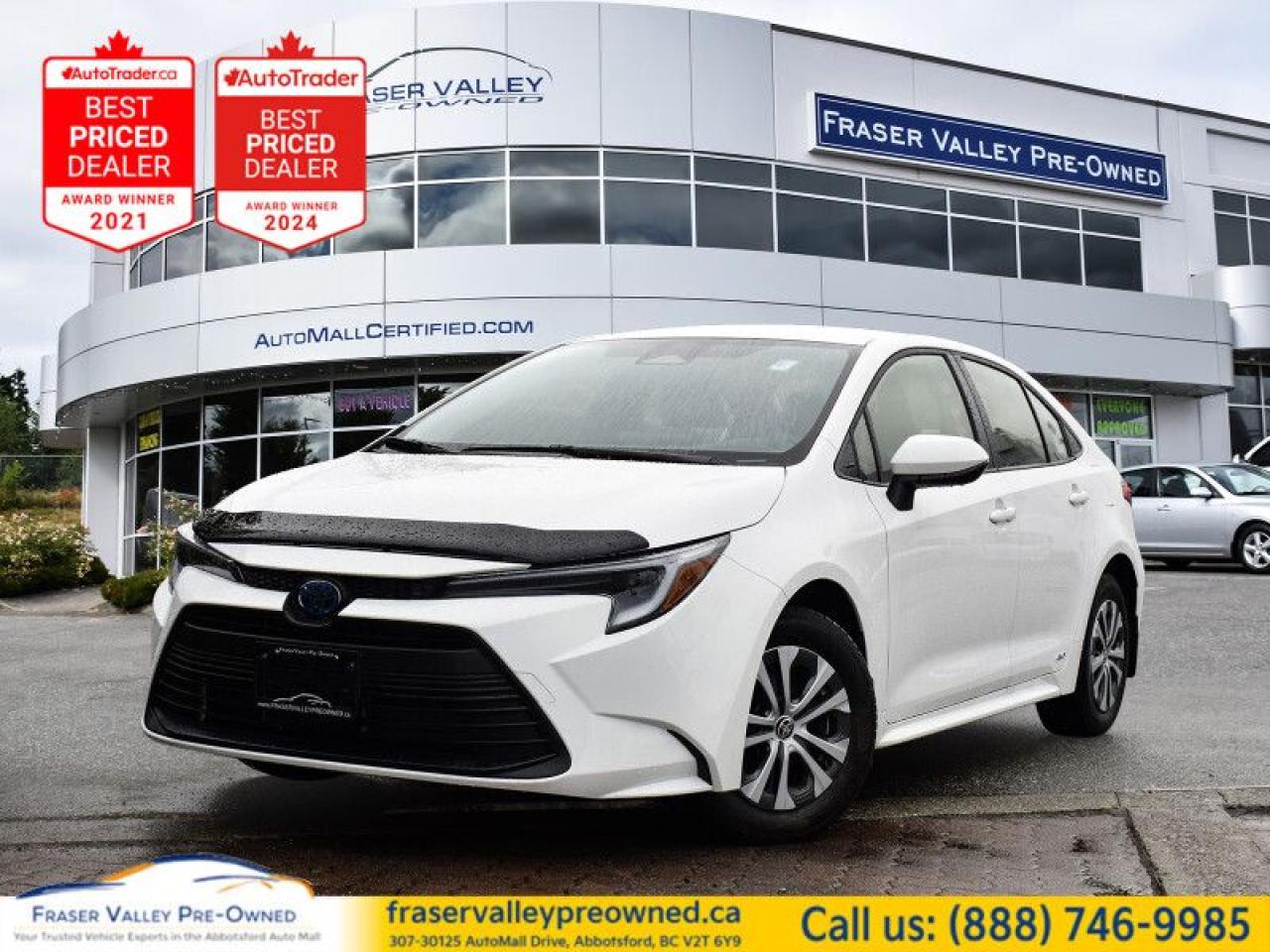 Low Mileage, Heated Seats,  Blind Spot Detection,  Lane Keep Assist,  LED Lights,  Apple CarPlay!
 

     Engineered to last, this 2024 Toyota Corolla is a great option for shoppers in the compact sedan segment. This  2024 Toyota Corolla is fresh on our lot in Abbotsford. 
 
With a distinctive design, robust engineering and all-round practicality, this 2024 Corolla is a popular choice for shoppers who prioritize safety and style. A well-built interior with amazing standard technology ensures that this sedan withstands the day-to-day activities of an urban commute. A roomy cabin with comfortable ride quality ensures that occupants enjoy a smooth journey, both in the city and the highway.This low mileage  sedan has just 1,423 kms. Its  nice in colour  . It has a cvt transmission and is powered by a  138HP 1.8L 4 Cylinder Engine. 
 
 Our Corollas trim level is Hybrid LE. This Corolla Hybrid LE is amazing on efficiency and boasts several features like heated front seats, automatic climate control, sleek Bi-LED headlights, a larger 8 inch touchscreen display featuring Apple CarPlay, Android Auto, advanced voice recognition, 6 speakers, next gen USB 2.0 audio ports, wireless streaming audio, SIRI Eyes Free and a handy rear view camera. Additional features include blind spot detection, remote keyless entry, Toyota Safety Sense, dynamic radar cruise control, lane departure warning with lane steering assist, power adjustable heated mirrors and so much more. This vehicle has been upgraded with the following features: Heated Seats,  Blind Spot Detection,  Lane Keep Assist,  Led Lights,  Apple Carplay,  Android Auto,  Adaptive Cruise Control. 
 
To apply right now for financing use this link : https://www.fraservalleypreowned.ca/abbotsford-car-loan-application-british-columbia
 
 

| Our Quality Guarantee: We maintain the highest standard of quality that is required for a Pre-Owned Dealership to operate in an Auto Mall. We provide an independent 360-degree inspection report through licensed 3rd Party mechanic shops. Thus, our customers can rest assured each vehicle will be a reliable, and responsible purchase.  |  Purchase Disclaimer: Your selected vehicle may have a differing finance and cash prices. When viewing our vehicles on third party  marketplaces, please click over to our website to verify the correct price for the vehicle. The Sale Price on third party websites will always reflect the Finance Price of our vehicles. If you are making a Cash Purchase, please refer to our website for the Cash Price of the vehicle.  | All prices are subject to and do not include, a $995 Finance Fee, and a $995 Document Fee.   These fees as well as taxes, are included in all listed listed payment quotes. Please speak with Dealer for full details and exact numbers.  o~o