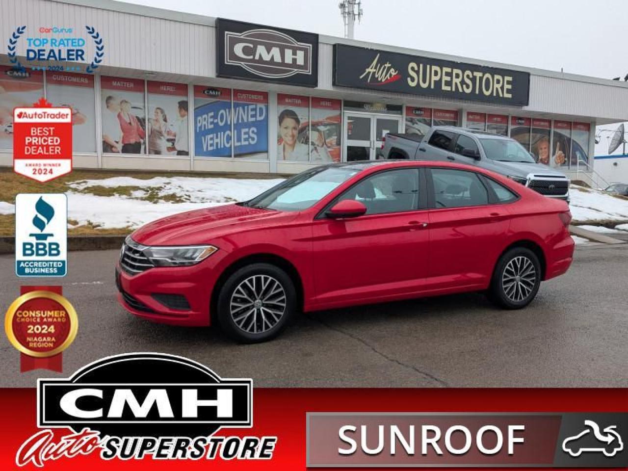 <b>GREAT FEATURES !! REAR CAMERA, BLIND SPOT, APPLE CARPLAY, ANDROID AUTO, BLUETOOTH, STEERING WHEEL CONTROLS, CRUISE CONTROL, SUNROOF, LEATHER, HEATED FRONT SEATS, DUAL CLIMATE CONTROL, PROXIMITY KEY, BUTTON START, 16-INCH ALLOYS **DAM. REP. : $10,173**</b><br>  <br>CMH certifies that all vehicles meet DOUBLE the Ministry standards for Brakes and Tires<br><br> <br>    This  2021 Volkswagen Jetta is for sale today. <br> <br>Redesigned. Not over designed. Rather than adding needless flash, the Jetta has been redesigned for a tasteful, more premium look and feel. One quick glance is all it takes to appreciate the result. Its sporty. Its sleek. It makes a statement without screaming. The overall effect stands out anywhere. Its roomy and well finished interior provides the best of comforts and will help keep this elegant sedan ageless and beautiful for many years to come.This  sedan has 98,836 kms. Its  red in colour  . It has an automatic transmission and is powered by a  147HP 1.4L 4 Cylinder Engine. <br> <br> Our Jettas trim level is Highline. Upgrade to this Jetta Highline and youll get features like these aluminum wheels, a large Rail2Rail power sunroof, leatherette heated seats and a heated-leather wrapped steering wheel, fully automatic LED headlamps, a larger 8 inch touchscreen infotainment system with  satellite navigation, Android Auto and Apple CarPlay, blind spot monitor with rear traffic alert, cruise control, a proximity key with remote keyless entry, a rear view camera and much more. This vehicle has been upgraded with the following features: Navigation,  Sunroof,  Blind Spot Detection,  Heated Seats,  Heated Steering Wheel,  Led Headlights,  Android Auto. <br> <br>To apply right now for financing use this link : <a href=https://www.cmhniagara.com/financing/ target=_blank>https://www.cmhniagara.com/financing/</a><br><br> <br/><br>Trade-ins are welcome! Financing available OAC ! Price INCLUDES a valid safety certificate! Price INCLUDES a 60-day limited warranty on all vehicles except classic or vintage cars. CMH is a Full Disclosure dealer with no hidden fees. We are a family-owned and operated business for over 30 years! o~o