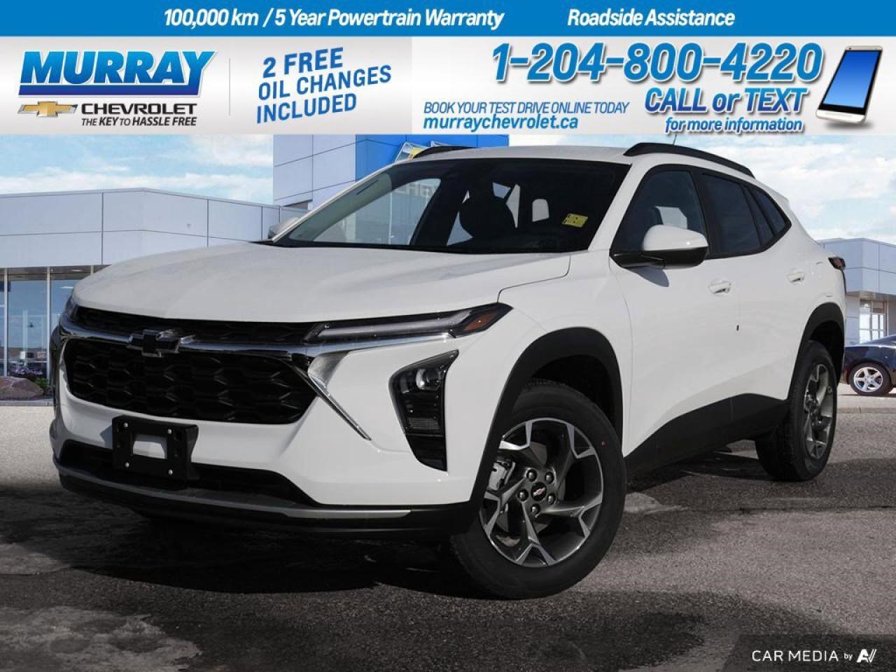 *ENGINE BLOCK HEATER* *HEATED FRONT SEAT(S)* *ADAPTIVE CRUISE CONTROL*  This 2025 Chevrolet Trax LT in Summit White captures attention with its sleek design, perfect for navigating both Winnipeg streets and the beautiful prairie landscapes. Under the hood, the ECOTEC 1.2L Turbocharged Gas 3-Cylinder engine, combined with a smooth automatic transmission, delivers an engaging driving experience with impressive efficiency. The heated front seats ensure comfort during Winnipegs colder months, making every journey cozy and enjoyable.  Inside, the Trax offers a modern interior featuring Jet Black and Blue Accents with premium synthetic seats, providing both style and durability. With smart device integration, staying connected on the go has never been easier, allowing you to enjoy your favorite music or apps seamlessly. The adaptive cruise control and lane-keeping assist ensure a safe driving experience, making it a reliable companion for both city commutes and longer road trips.  Equipped with advanced safety features such as blind spot monitoring, rear parking aid, and front collision mitigation, this Trax is designed to keep you and your passengers protected. The inclusion of WiFi hotspot capability ensures that you stay connected wherever the road takes you, while the black bowtie emblems add a touch of sophistication to its sporty exterior. This versatile sport utility vehicle is ready to enhance your lifestyle in Winnipeg and beyond.  Dealer Permit #1740