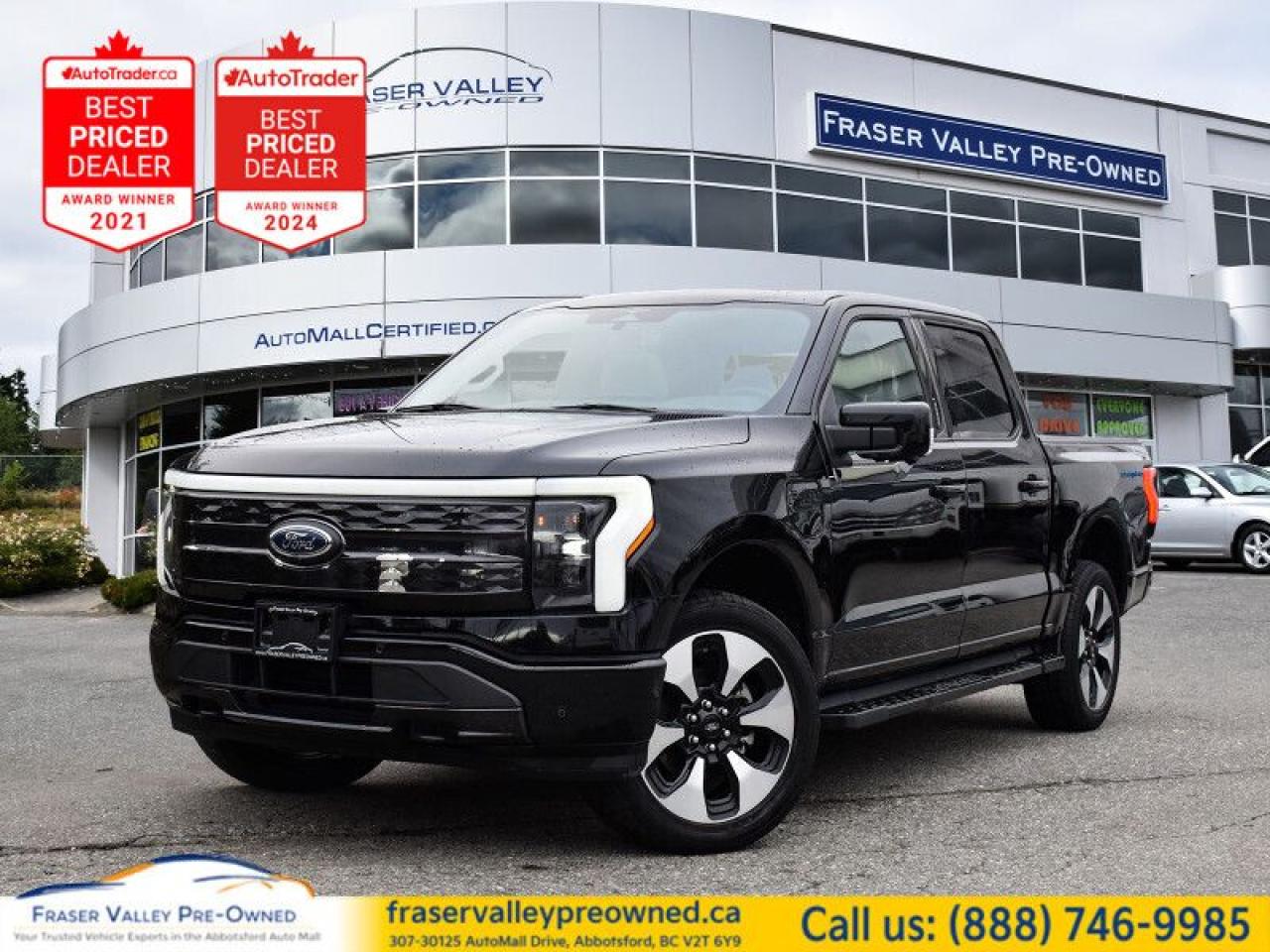 Fraser Valley Pre-Owned is excited to present this stunning 2023 Ford F-150 Lightning Platinum! This local truck has had only one owner and has been meticulously maintained, boasting a very clean history with no accidents.
 
Enjoy the added benefit of paying no PST on this impressive vehicle, which originally had a window sticker of $120,000+!
 
The F-150 Lightning Platinum features the best color combination of sleek black and pristine white, offering a striking and sophisticated aesthetic that turns heads on the road. This electric truck represents the pinnacle of luxury, loaded with outstanding features, including:
 
- Equipment Package 710A!
- An extra luxurious Nirvana leather interior that provides a premium feel
- A massive twin panel sunroof for an expansive, open atmosphere
- Fords intuitive SYNC 4A infotainment system with a generous 15-inch touchscreen for seamless access to all your controls
- Built-in navigation to make your travels efficient and effortless
- Wireless Apple CarPlay and Android Auto for convenient smartphone integration
- A premium Bang & Olufsen audio system that delivers a remarkable sound experience
- Exclusive aluminum wheels that enhance the trucks athletic appearance
- Heated and cooled front seats for ultimate comfort in any climate
- A heated steering wheel and heated second-row seats for added warmth on colder days
- An extended battery range that supports your long journeys
- Ford Co-Pilot360 Active 2.0 for a comprehensive suite of driver-assistance technologies
- A practical interior work surface, making it ideal for on-the-go productivity
 
Additional highlights include:
 
- A spacious front trunk (frunk) for extra storage capacity
- Pro Trailer Backup Assist to simplify towing maneuvers
- Blind spot detection to enhance awareness of surrounding traffic
- Lane keep assist to help maintain safe driving
- A power locking tailgate for added security
- Automatic emergency braking with pedestrian detection for increased safety
- Accident evasion assist for confident driving in various conditions
- A 360-degree camera that enhances visibility and helps keep you safe on the road
 
This 2023 Ford F-150 Lightning Platinum combines luxury, innovation, and performance, making it an exceptional choice for those who appreciate -advancements in electric vehicles.
 
Don’t miss out on the opportunity to own this remarkable truck! Contact our Sales and Finance team or apply for Pre-Approval today, and let’s get you behind the wheel of this extraordinary Ford F-150 Lightning!
 To view the original window sticker for this vehicle view this http://www.windowsticker.forddirect.com/windowsticker.pdf?vin=1FT6W1EV2PWG02442. 

 
To apply right now for financing use this link : https://www.fraservalleypreowned.ca/abbotsford-car-loan-application-british-columbia
 
 

| Our Quality Guarantee: We maintain the highest standard of quality that is required for a Pre-Owned Dealership to operate in an Auto Mall. We provide an independent 360-degree inspection report through licensed 3rd Party mechanic shops. Thus, our customers can rest assured each vehicle will be a reliable, and responsible purchase.  |  Purchase Disclaimer: Your selected vehicle may have a differing finance and cash prices. When viewing our vehicles on third party  marketplaces, please click over to our website to verify the correct price for the vehicle. The Sale Price on third party websites will always reflect the Finance Price of our vehicles. If you are making a Cash Purchase, please refer to our website for the Cash Price of the vehicle.  | All prices are subject to and do not include, a $995 Finance Fee, and a $995 Document Fee.   These fees as well as taxes, are included in all listed listed payment quotes. Please speak with Dealer for full details and exact numbers.  o~o