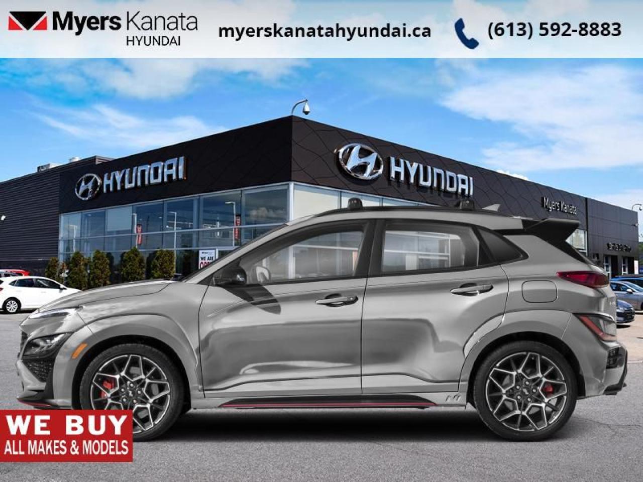 <b>Low Mileage, Sunroof,  Navigation,  Premium Audio,  HUD,  Heated Seats!</b><br> <br>    Pull up to the starting gate in this exciting Kona N Line. This  2023 Hyundai Kona N is fresh on our lot in Kanata. <br> <br>The moment you step inside this Kona N, you will feel a rush from the striking N-specific details. From stunning blue accents to driver focused tech, every part of this Kona N was designed to enhance your experience. This high performance SUV has one mission: complete exhilaration.This low mileage  SUV has just 22,232 kms. Its  cyber grey in colour  and is completely accident free based on the <a href=https://vhr.carfax.ca/?id=z+YXlf6Vuh+CX+c4frwtRYpi7iXc8eKl target=_blank>CARFAX Report</a> . It has an automatic transmission and is powered by a  276HP 2.0L 4 Cylinder Engine. <br> <br> Our Kona Ns trim level is DCT. Made to shake up the subcompact crossover class, this Kona N features a riotous yet efficient powertrain, keenly-tuned suspension, lightweight machined alloy wheels, and a sonorous exhaust note that stirs the soul. Being a practical and comfortable crossover at heart, the Kona N also comes standard with heated front seats with an illuminated N logo for a sportier touch, a heated steering wheel, front and rear cupholders, proximity keyless entry with push button start, and remote cargo access. Connectivity is handled by a 10.25-inch infotainment screen with inbuilt navigation, Apple CarPlay and Android Auto, selective service internet access, and premium harman/kardon audio system. Safety features include blind spot detection, rear parking sensors, lane keeping assist with lane departure warning, collision avoidance with pedestrian braking, and a rearview camera. Additional features include smart device remote engine start, a digital instrument cluster with a heads up display, LED headlights with automatic high beams and perimeter/approach lights, and so much more! This vehicle has been upgraded with the following features: Sunroof,  Navigation,  Premium Audio,  Hud,  Heated Seats,  Apple Carplay,  Android Auto. <br> <br>To apply right now for financing use this link : <a href=https://www.myerskanatahyundai.com/finance/ target=_blank>https://www.myerskanatahyundai.com/finance/</a><br><br> <br/><br>Smart buyers buy at Myers where all cars come Myers Certified including a 1 year tire and road hazard warranty (some conditions apply, see dealer for full details.)<br> <br>This vehicle is located at Myers Kanata Hyundai 400-2500 Palladium Dr Kanata, Ontario.<br>*LIFETIME ENGINE TRANSMISSION WARRANTY NOT AVAILABLE ON VEHICLES WITH KMS EXCEEDING 140,000KM, VEHICLES 8 YEARS & OLDER, OR HIGHLINE BRAND VEHICLE(eg. BMW, INFINITI. CADILLAC, LEXUS...)<br> Come by and check out our fleet of 30+ used cars and trucks and 100+ new cars and trucks for sale in Kanata.  o~o