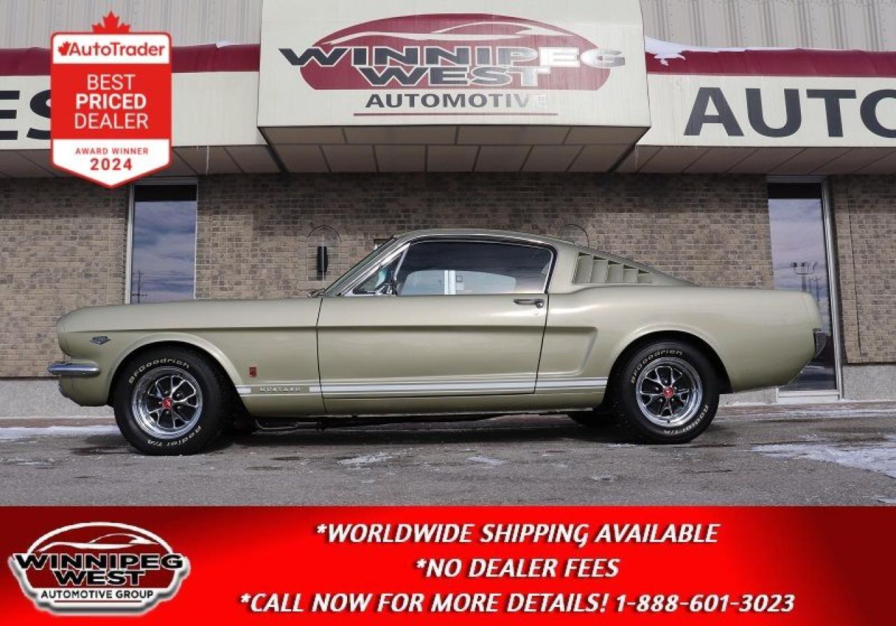 **Cash Price: $99,800*** Plus PST/GST. NO ADMINISTRATION FEES, ALL TRADES CONSIDERED! 

ONE OF THE MOST SOUGHT AFTER, ICONIC 60s CLASSIC/MUSCLE CAR. 1966 FORD MUSTANG GT FASTBACK! THE ICONIC MUSTANG! MUST SEE STUNNING, NO EXPENSE SPARED!

Have a look at this immaculate 1966 Ford Mustang GT Fastback! Truly one of the most sought-after classic/muscle cars of its time and one of the best investment classics you can buy. This is truly is a pedigree investment quality car!  An original dry desert (Arizona) rust free car that has been freshened up with fresh OEM Color paint and a freshened a up performance powertrain  (believed to be) the original 289 Ford V8 in this stunning Mustang! 

Winnipeg West Automotive Classic Car division is excited to present this stunning 1966 Ford Mustang Fastback! As a first-generation Mustang its striking design and muscular stance make it instantly recognizable. What elevates this model is its fastback silhouette offering both rarity and a sporty aesthetic that enthusiasts adore. Dont miss your chance to get behind the wheel of this classic masterpiece; its not just a car but a thrilling piece of nostalgia waiting to be enjoyed!-VIN# 6R09A207096 (Assembled in San Jose, California, 2-Door Fastback A-Code)-289 CID 4 V (Supposedly number Matching and recent Performance Rebuilt)--GT Badging and much more...

Powered by (believed to be) the original 289 Cu Inch small block W/ 4-barrel carb, with added performance intake and performance aluminum heads, upgraded cam, headers and more -  this is one great running and great sounding Mustang. Thanks to the headers and full dual exhaust this truly is one of the best sounding classic cars on the road today! 

This mustang looks as good on the inside as the outside with its beautiful Black interior, buckets with the iconic fold down back seat. The Iconic Mustang pony steering wheel sets off the beautiful interior and original AM radio that you wont even care about listening to as you will be listening to the sweet sound of the iconic 289 small block Ford while you are going through the gears of the 4-speed manual transmission. This is one fun car to go out Sunday Night cruising with!! 

This beautiful Mustang has just had a Full fresh repaint that looks amazing in the original Ford colour of Sauterne Gold (Z) that really sets this car apart from any other (rare colour!) and if are wondering about the underside.. fear not as this one is amazing with the original rust free Floor pans ( you still can see the original Ford Red Primer paint that the car came with from the factory in 1966!) Truly Stunning car in all respects.. ZERO disappointments from this Iconic car! 

This is the kind of true Classic car that sets you apart and makes for big smiles and thumbs up as you head down to the local car shows and get all the attention while you are there!! It really is a beautiful car inside and out in all respects. Dont miss out on a great deal!! Available now, these cars do not last, so Do Not miss out on your DREAM car!!! If you love a standout car, looking for an amazing investment, want a fun and enjoyable summer driver make sure to call today!

USA Buyers take advantage of your STRONG US Dollar!! Classic cars have proven to be among the most resilient and rewarding investments in recent years and represents better than $$ in the bank and certainly a lot more fun. Ready to make an investment you can actually enjoy? Please contact one of our expert sales consultants for more information. They will be happy to give you a complete walk-around, supply you with a more detailed description, and answer any questions you may have. Buy with confidence.

Please call for more information or better yet make an appointment to see it in our Dealership showroom where it is on display!! READY FOR SALE NOW.  Please see dealer for details. Trades accepted. View at Winnipeg West Automotive Group, 5195 Portage Ave. Dealer permit # 4365, Call now 1 (888) 601-3023. This Car is located in Winnipeg Manitoba however we can have it shipped anywhere in North America relatively inexpensively.