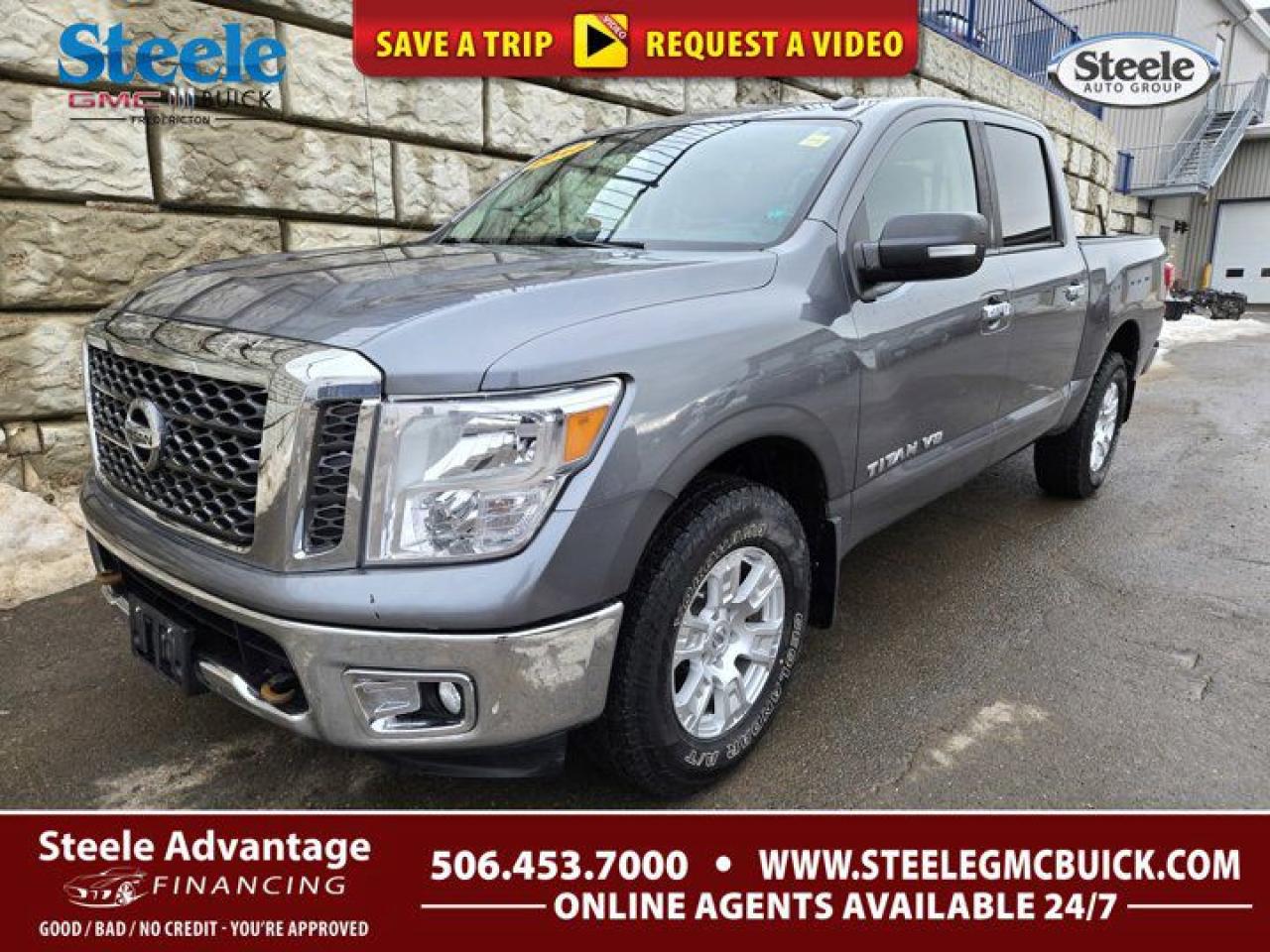 New Price!Gray 2018 Nissan Titan S | FOR SALE AT STEELE GMC FREDERICTON | 4WD 7-Speed Automatic 5.6L V8 DOHC* Market Value Pricing *, 4WD.Certification Program Details: 80 Point Inspection Fresh Oil Change Full Vehicle Detail Full tank of Gas 2 Years Fresh MVI Brake through InspectionSteele GMC Buick Fredericton offers the full selection of GMC Trucks including the Canyon, Sierra 1500, Sierra 2500HD & Sierra 3500HD in addition to our other new GMC and new Buick sedans and SUVs. Our Finance Department at Steele GMC Buick are well-versed in dealing with every type of credit situation, including past bankruptcy, so all customers can have confidence when shopping with us!Steele Auto Group is the most diversified group of automobile dealerships in Atlantic Canada, with 47 dealerships selling 27 brands and an employee base of well over 2300.