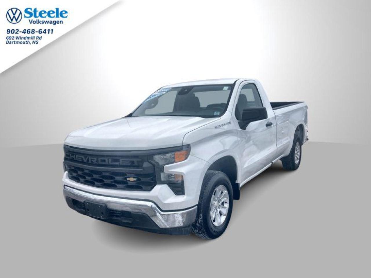 The 2022 Chevrolet Silverado 1500 Work Truck (WT) with a regular cab, two-wheel drive (2WD), and a 5.3-liter V8 engine offers a robust combination of power and utility. Below are its key specifications:*Engine and Performance:*  * *Engine:* 5.3-liter EcoTec3 V8  * *Horsepower:* 355 hp at 5,600 rpm  * *Torque:* 383 lb-ft at 4,100 rpm  * *Transmission:* 6-speed automatic  * *Drivetrain:* Rear-Wheel Drive (2WD)*Fuel Efficiency:*  * *City:* 15 mpg  * *Highway:* 20 mpg  * *Combined:* 17 mpg  * *Fuel Tank Capacity:* 24 gallons*Dimensions:*  * *Length:* 229.5 inches  * *Width:* 81.2 inches  * *Height:* 75.5 inches  * *Wheelbase:* 139.6 inches  * *Ground Clearance:* 8.1 inches  * *Curb Weight:* Approximately 4,430 lbs*Interior Dimensions:*  * *Seating Capacity:* 3 passengers  * *Cargo Volume:* 89.1 cubic feet (standard bed)*Standard Features:*  * *Infotainment:* 7-inch touchscreen with Chevrolet Infotainment 3 system  * *Connectivity:* Bluetooth®, Apple CarPlay®, and Android Auto? compatibility  * *Seating:* Vinyl upholstery with manual adjustments  * *Wheels:* 17-inch painted steel wheels*Safety and Driver Assistance:*  * *Rearview Camera*  * *StabiliTrak, electronic stability control system with traction control*  * *Teen Driver technology*  * *6 airbags, including frontal and side-impact for driver and front passenger, and head-curtain for outboard seating positions*Please note that specifications and optional packages can vary, its advisable to consult a sales associate at the dealership for the most accurate and detailed information.As a Steele Auto Certified vehicle, you have peace of mind that the vehicle has undergone a rigorous 85 point inspection and has been brought up to the highest of standards. Dont forget, at Steele Volkswagen we have financing options available for all credit situations!