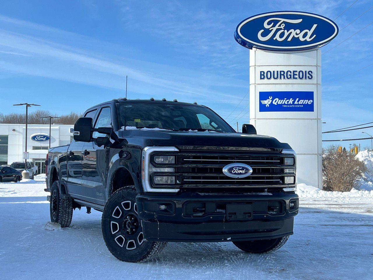 <p>Experience the commanding presence of the Ford Super Duty F-350 SRW Platinum, a new black 4×4 that effortlessly blends power with sophistication. Engineered for outstanding handling and performance, thanks to its 6.7L 8-cylinder engine, this truck is ready to tackle any terrain.</p><p>The exterior is striking in its black finish, accentuated by heated mirrors to keep visibility optimal. Inside, luxury awaits with leather seats, leather door trim insert, and a leather steering wheel that conveys premium craftsmanship. This Crew Cab provides ample space with a 6.75' box, ideal for carrying loads while you indulge in the comforts of heated and cooled front seats, plus heated rear seats for your passengers.</p><p>Loaded with the latest technology, it features a backup camera for enhanced safety and smart device integration for seamless connectivity. Revel in the convenience of keyless entry, adaptive cruise control for effortless highway driving, and remote start for those chilly mornings. This truck also boasts a wi-fi hotspot, ensuring you stay connected on the go, while the Bluetooth connection and brake assist enhance both connectivity and safety.</p><p>The Ford Super Duty F-350 SRW Platinum is perfect for those seeking a powerful truck with all the luxury and technology of a modern vehicle. Whether you're a contractor needing a reliable workhorse or a comfort enthusiast wanting the latest features, this truck is tailored for you. Contact the dealership today to learn more and take it for a test drive!</p> <p><span style=color:rgb( 58 , 80 , 95 )>The discount shown on vehicle represents the </span><u>Cash Purchase</u><span style=color:rgb( 58 , 80 , 95 )> discount and is inclusive of all non-stackable and stackable cash purchase discounts from Ford of Canada and Bourgeois Ford North and is offered in lieu of sub-vented lease or finance rates. To get details on current discounts applicable to this and other vehicles in our inventory for Lease and Finance customer, see a member of our team. All offers for lease or finance are On Approved Credit (OAC).While every effort is made to ensure the accuracy of discounts and programs, programs are subject to change without notice </span><span style=color:rgb( 119 , 119 , 119 )>and may not be accurate or completely current. While every reasonable effort is made to ensure the accuracy of this data, we are not responsible for any errors or omissions contained on these pages.</span></p> <p><strong>Financing Your Next Vehicle with Bourgeois Motors Ford in Midland:</strong></p><p>At Bourgeois Motors Ford, we make financing your next vehicle simple and stress-free! Our team works with trusted lenders to find flexible options tailored to your budget. Drive away with confidenceapply today!</p><p>Take advantage of our online pre-qualification tool, backed by Equifax and TD Bank to find the payment that works for you. Simply <a href=https://www.bourgeoismotors.com/free-credit-check/ rel=nofollow><strong>CLICK HERE</strong></a><strong> </strong>to use our secure online credit tool with no impact to your credit.</p>