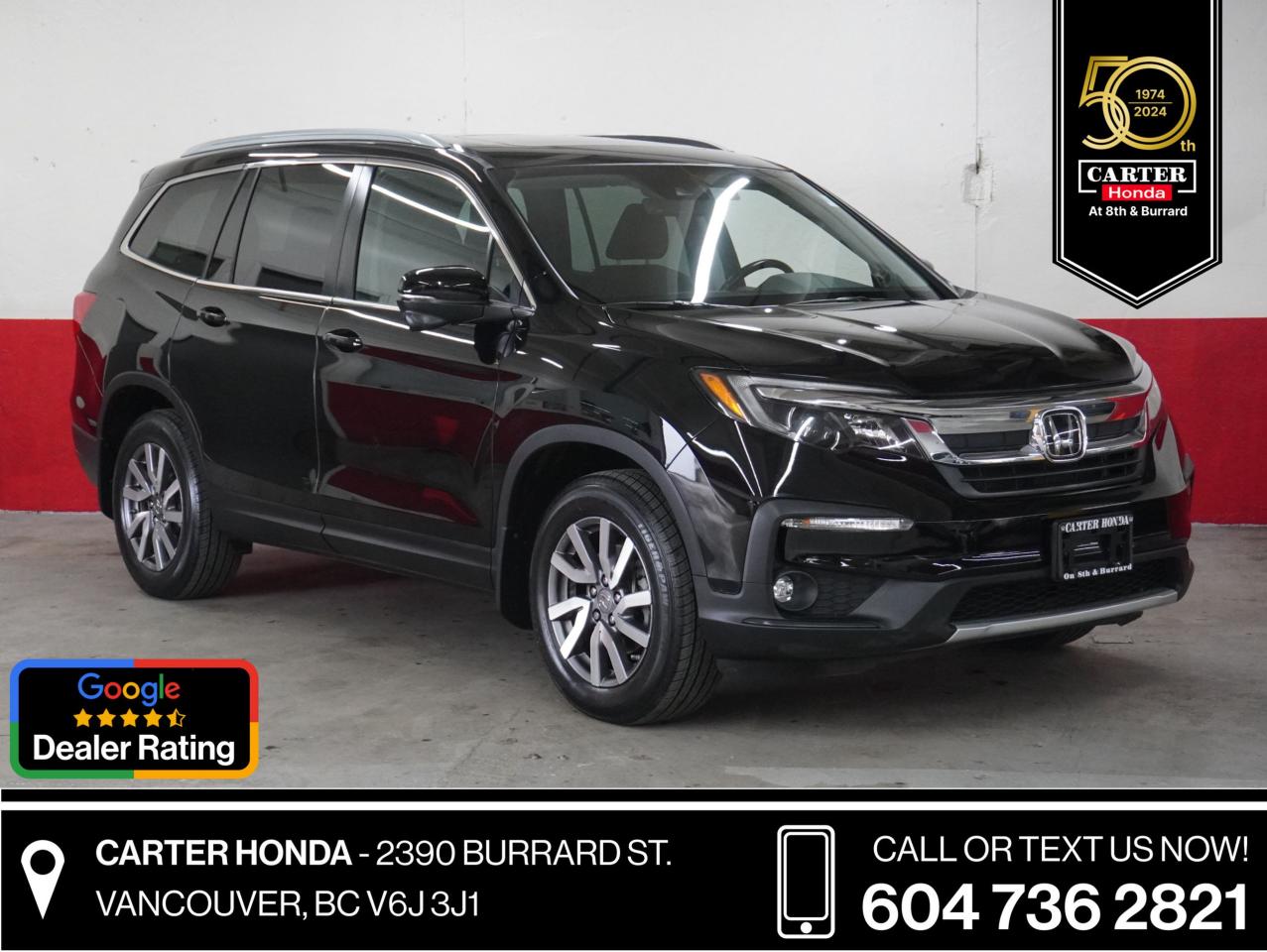 2021 PILOT EX SUNROOF, PWR SEAT, APPLE/ANDROID. RARE CERTIFIED 2021 8 PASSENGER HONDA PILOT EX. FRONT AND REAR TIRES ARE NEW. Front brakes are at 7/10 mm, rear brakes are 6/10 mm. Transmission fluid and all other servicing up to date. 1 $0 claim is a small dent on the front bumper fixed after trade in. This 2021 PILOT EX HAS 8 passenger seating, power drivers seat, heated seats and mirrors, sunroof, alloy rims, backup and blind spot cameras, collision mitigation braking system, lane assist, and too many more features to list. 

WHY CARTER HONDA? 

Exceeding our Customers Expectations for Over 30 Years.

Upfront Pricing, ZERO Hidden Fees and 7-Day Exchange Policy 
 
4.5 Google Star Rating with 2000+ Customer Reviews
 	2023, 2022 and 2021 Dealer of the Year Award from Dealer Rater
 	CARFAX - Full Vehicle Service History 
 	Vehicle Trades Welcome! Best Price Guaranteed!

Award-Winning Honda Vehicle Selection
 	Fast Approvals and 99% Acceptance Rates
 	Multilingual Consultants
 	Comfortable Non-Pressured Showroom

Were here to help you drive the vehicle you want, the vehicle you deserve!
 
QUESTIONS? GREAT! WEVE GOT ANSWERS!
CALL OR TEXT US NOW! (604) 736-2821
(Doc. Fee: $795.00 | Dealer Code: 1100)