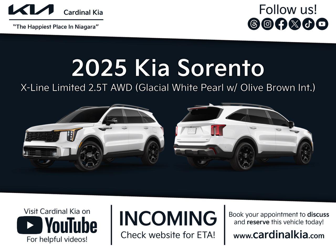 New 2025 Kia Sorento X-Line Limited Olive Brown Interior for sale in Niagara Falls, ON