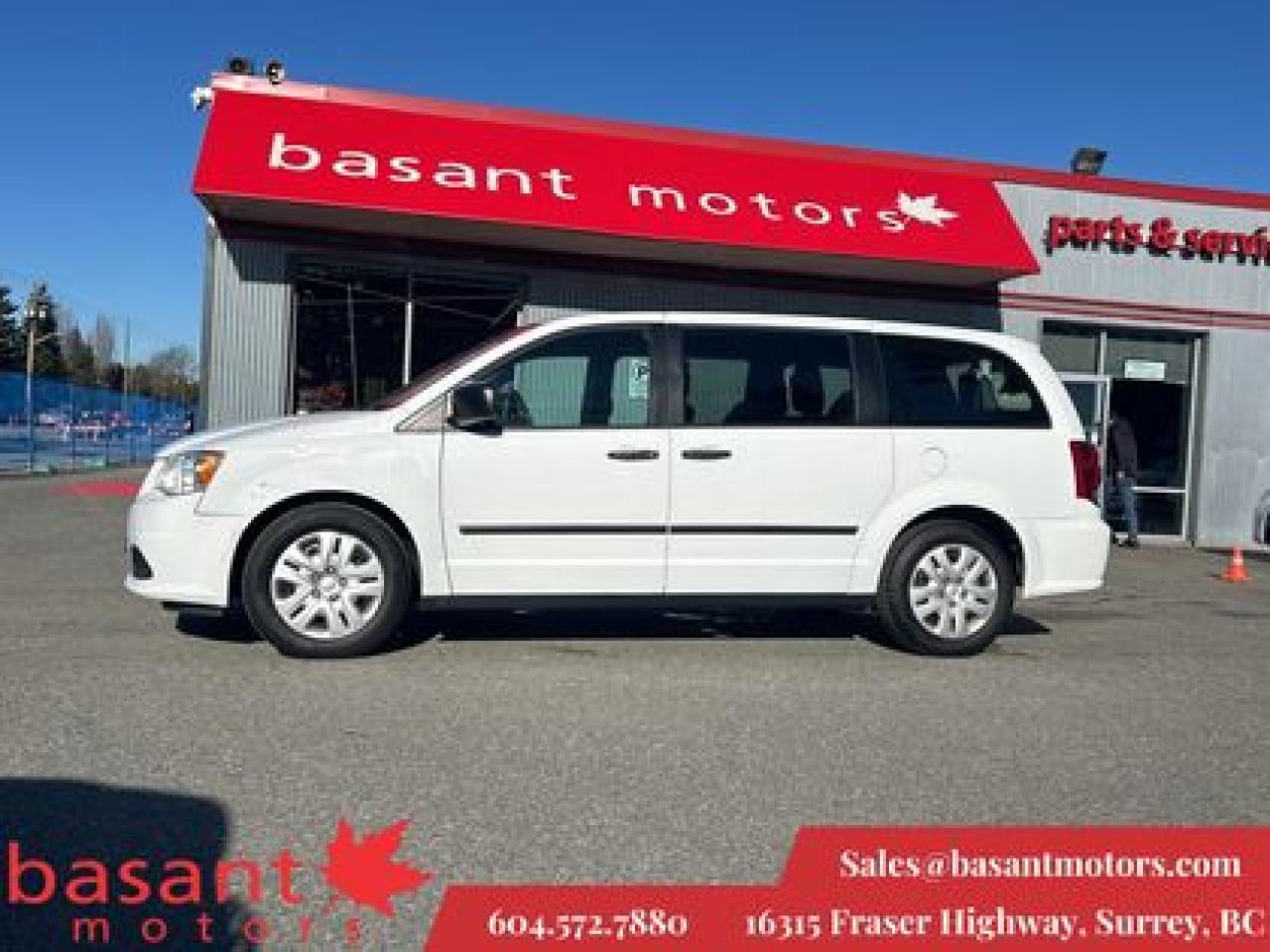 Canadas best selling minivan is known for having plenty of cargo and cabin space, it also has an enjoyable drive with better than average fuel efficiency.  The Grand Caravan is a less expensive option in the segment with low cost of ownership.  

Take advantage of our experienced on-site financing department, currently offering, for a limited time, 2.99% along with $0 down and No Payments for 3 Months! All our vehicles include the remaining balance of their original warranty and our very own 30 Day Dealers Guarantee. Complete Vehicle Inspection Services and full vehicle history by CarFax Vehicle Reports are included! All trades are welcome, whether the vehicle is paid off or not. Visit our website at basantmotors.com for more information.  At Basant Motors, we look forward to serving you with all of your automotive needs for years to come. Please stop by our dealership, located at 16315 Fraser Highway, Surrey, BC and speak with one of our representatives today! Documentation fee ($997) and Dealer Prep ($299) are not included in the vehicle price. #9419