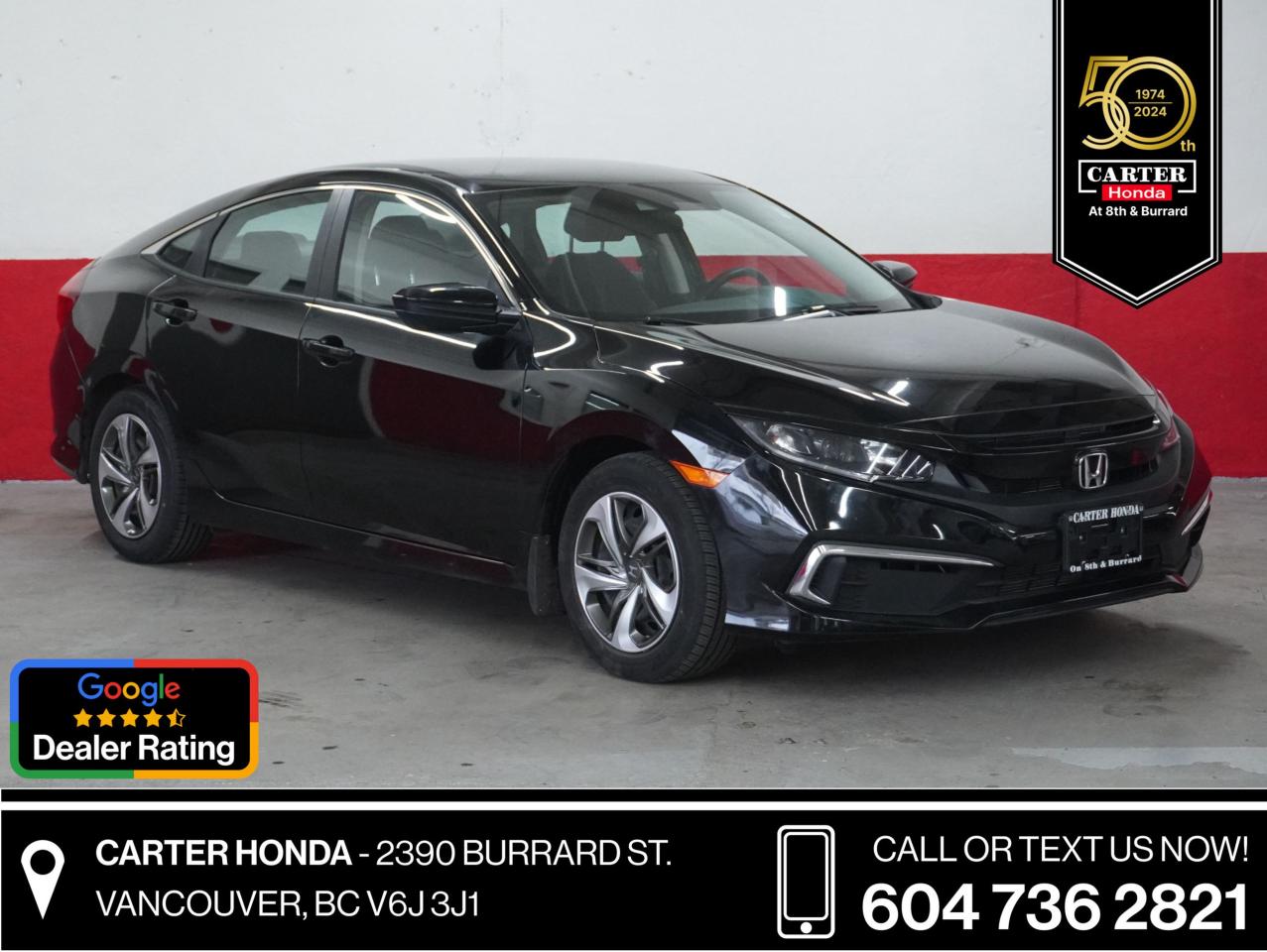2019 CIVIC LX APPLE/ANDROID, LOW KMS. THIS 2019 CIVIC LX IS SERVICED UP TO DATE. FRONT TIRES ARE NEW, REAR tires are at 9/10 32nds. Front brakes are at 7/10 mm, rear brakes are at 6/10 mm. This 2019 civic has heated seats and mirrors, auto headlights, bluetooth, Apple Carplay, Android auto, collision mitigation braking, lane assist, adaptive cruise control, low kms for the year (less than 10,000 per year) 4 icbc claims 1)rear bumper repair done for $1,970. 2)theft of an object, no collision for $1,552. and 2x $0 which were bumper scuffs fixed at the dealership after trade in for only $250. Car is ready to go and excellent value with low kms and great tires and features. 

WHY CARTER HONDA? 

Exceeding our Customers Expectations for Over 30 Years.

Upfront Pricing, ZERO Hidden Fees and 7-Day Exchange Policy 
 
4.5 Google Star Rating with 2000+ Customer Reviews
 	2023, 2022 and 2021 Dealer of the Year Award from Dealer Rater
 	CARFAX - Full Vehicle Service History 
 	Vehicle Trades Welcome! Best Price Guaranteed!

Award-Winning Honda Vehicle Selection
 	Fast Approvals and 99% Acceptance Rates
 	Multilingual Consultants
 	Comfortable Non-Pressured Showroom

Were here to help you drive the vehicle you want, the vehicle you deserve!
 
QUESTIONS? GREAT! WEVE GOT ANSWERS!
CALL OR TEXT US NOW! (604) 736-2821
(Doc. Fee: $795.00 | Dealer Code: 1100)