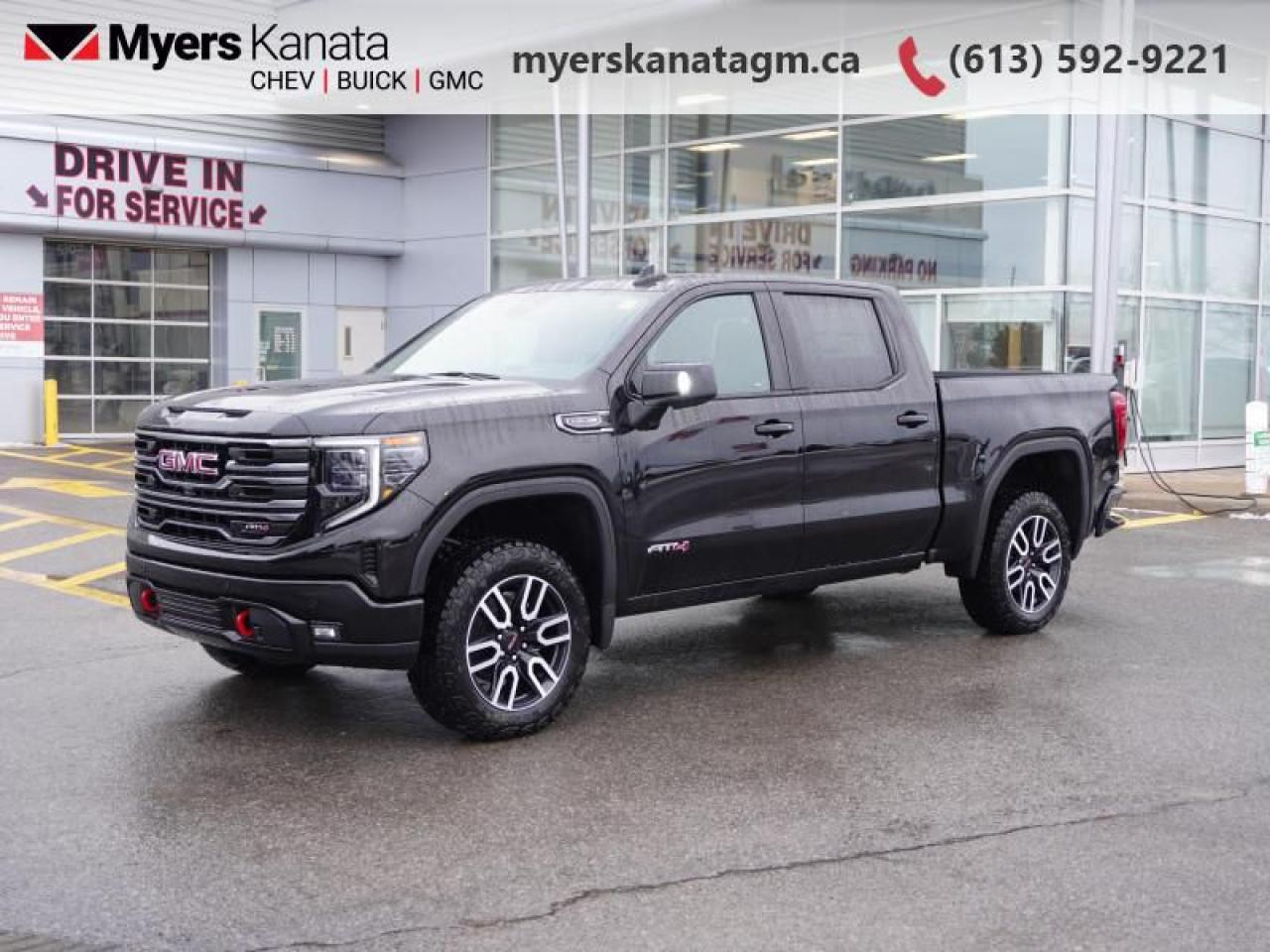 <b>Leather Seats, Sunroof, AT4 Premium Package, Spray-On Bedliner, Technology Package!</b><br> <br> <br> <br>At Myers, we believe in giving our customers the power of choice. When you choose to shop with a Myers Auto Group dealership, you dont just have access to one inventory, youve got the purchasing power of an entire auto group behind you!<br> <br>  With a bold profile and distinctive stance, this 2025 Sierra turns heads and makes a statement on the jobsite, out in town or wherever life leads you. <br> <br>This 2025 GMC Sierra 1500 stands out in the midsize pickup truck segment, with bold proportions that create a commanding stance on and off road. Next level comfort and technology is paired with its outstanding performance and capability. Inside, the Sierra 1500 supports you through rough terrain with expertly designed seats and robust suspension. This amazing 2025 Sierra 1500 is ready for whatever.<br> <br> This onyx black Crew Cab 4X4 pickup   has an automatic transmission and is powered by a  420HP 6.2L 8 Cylinder Engine.<br> <br> Our Sierra 1500s trim level is AT4. Built for adventure, this ultra truck comes very well equipped with an off-road suspension with skid plates, perforated leather seats, exclusive aluminum wheels, body-coloured exterior accents and a massive 13.4 inch touchscreen display that features wireless Apple CarPlay and Android Auto, Bose premium audio, SiriusXM, plus a 4G LTE hotspot. Additionally, this amazing pickup truck also features a spray-in bedliner, wireless device charging, IntelliBeam LED headlights, remote engine start, forward collision warning and lane keep assist, a trailer-tow package with hitch guidance, LED cargo area lighting, teen driver technology, a HD rear vision camera plus so much more! This vehicle has been upgraded with the following features: Leather Seats, Sunroof, At4 Premium Package, Spray-on Bedliner, Technology Package. <br><br> <br>To apply right now for financing use this link : <a href=https://www.myerskanatagm.ca/finance/ target=_blank>https://www.myerskanatagm.ca/finance/</a><br><br> <br/> Total  cash rebate of $8000 is reflected in the price. Credit includes $8,000 Non-stackable Cash Delivery Allowance.  Incentives expire 2025-03-31.  See dealer for details. <br> <br>Myers Kanata Chevrolet Buick GMC Inc is a great place to find quality used cars, trucks and SUVs. We also feature over a selection of over 50 used vehicles along with 30 certified pre-owned vehicles. Our Ottawa Chevrolet, Buick and GMC dealership is confident that youll be able to find your next used vehicle at Myers Kanata Chevrolet Buick GMC Inc. You will always find our inventory updated with the latest models. Our team believes in giving nothing but the best to our customers. Visit our Ottawa GMC, Chevrolet, and Buick dealership and get all the information you need today!<br> Come by and check out our fleet of 20+ used cars and trucks and 190+ new cars and trucks for sale in Kanata.  o~o