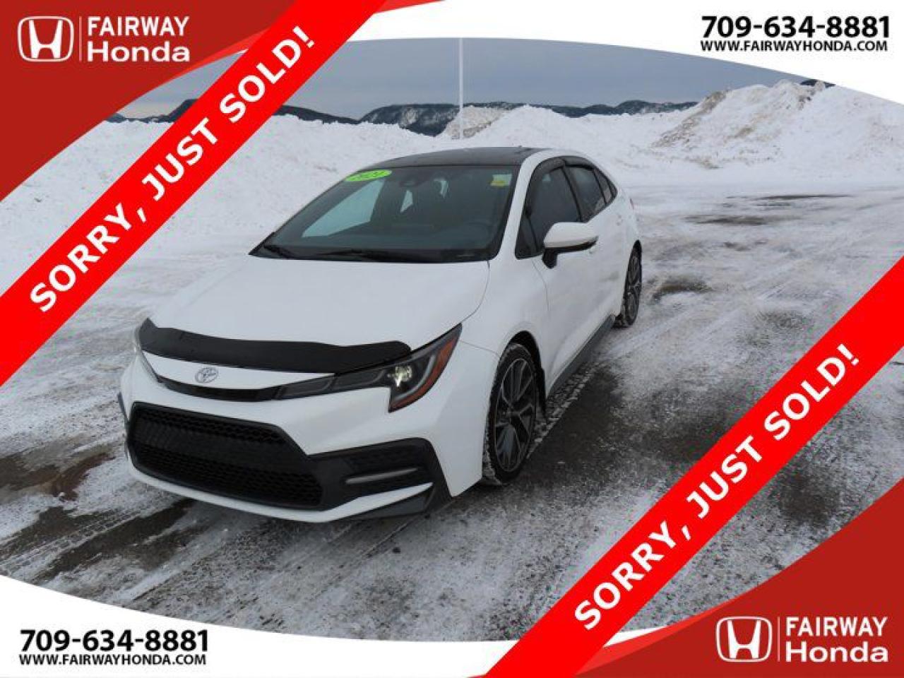 Super White w/Black Sand Pearl Roof 2021 Toyota Corolla SE SORRY, JUST SOLD! FWD CVT 2.0L 4-Cylinder 16V DOHC*Professionally Detailed*, *Market Value Pricing*, 4-Wheel Disc Brakes, 6 Speakers, ABS brakes, Air Conditioning, AM/FM radio, Apple CarPlay/Android Auto, Auto High-beam Headlights, Automatic temperature control, Brake assist, Bumpers: body-colour, Delay-off headlights, Driver door bin, Driver vanity mirror, Dual front impact airbags, Dual front side impact airbags, Electronic Stability Control, Exterior Parking Camera Rear, Four wheel independent suspension, Front anti-roll bar, Front fog lights, Front reading lights, Fully automatic headlights, Heated door mirrors, Heated Front Bucket Seats, Illuminated entry, Knee airbag, Leather Shift Knob, Low tire pressure warning, Occupant sensing airbag, Outside temperature display, Overhead airbag, Panic alarm, Passenger door bin, Passenger vanity mirror, Power door mirrors, Power steering, Power windows, Radio data system, Radio: Audio System, Rear anti-roll bar, Rear side impact airbag, Rear window defroster, Remote keyless entry, Security system, Speed control, Split folding rear seat, Spoiler, Sport Fabric Seat Trim, Steering wheel mounted audio controls, Tachometer, Telescoping steering wheel, Tilt steering wheel, Traction control, Trip computer, Turn signal indicator mirrors, Variably intermittent wipers, Wheels: 18 Black Flow-Formed Aluminum.Certification Program Details: 85 Point Inspection Top Up Fluids Brake Inspection Tire Inspection Fresh 2 Year MVI Fresh Oil ChangeFairway Honda - Community Driven!