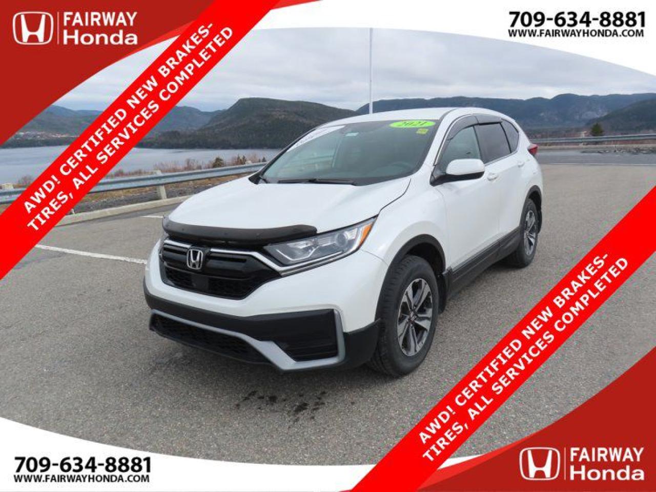 Platinum White Pearl 2021 Honda CR-V LX AWD! HONDA CERTIFIED NEW BRAKES-TIRES, SERVICES CO AWD CVT 1.5L I4 Turbocharged DOHC 16V LEV3-ULEV50 190hp*Professionally Detailed*, *Market Value Pricing*, AWD, 17 Aluminum Alloy Wheels, 4 Speakers, 4-Wheel Disc Brakes, ABS brakes, Adaptive Cruise Control: Adaptive Cruise Control (ACC) with Low-Speed Follow, Air Conditioning, AM/FM radio, Apple CarPlay/Android Auto, Auto High-beam Headlights, Automatic temperature control, Brake assist, Bumpers: body-colour, Delay-off headlights, Driver door bin, Driver vanity mirror, Dual front impact airbags, Dual front side impact airbags, Electronic Stability Control, Exterior Parking Camera Rear, Fabric Seating Surfaces, Forward collision: Collision Mitigation Braking System (CMBS) + FCW mitigation, Four wheel independent suspension, Front anti-roll bar, Front dual zone A/C, Front reading lights, Heated door mirrors, Heated Front Bucket Seats, Illuminated entry, Low tire pressure warning, Occupant sensing airbag, Outside temperature display, Overhead airbag, Overhead console, Panic alarm, Passenger door bin, Passenger vanity mirror, Power door mirrors, Power steering, Power windows, Radio data system, Radio: 160-Watt AM/FM Audio System, Rear anti-roll bar, Rear window defroster, Rear window wiper, Remote keyless entry, Security system, Speed control, Speed-sensing steering, Split folding rear seat, Spoiler, Steering wheel mounted audio controls, Tachometer, Telescoping steering wheel, Tilt steering wheel, Traction control, Trip computer.Honda Certified Details:* 24 hours/day, 7 days/week* Vehicle history report. Access to MyHonda* 7 day/1,000 km exchange privilege whichever comes first* Exclusive finance rates on Certified Pre-Owned Honda models* Multipoint Inspection* 7 year / 160,000 km Power Train Warranty whichever comes first. This is an additional 2 year/60,000 kms beyond the original factory Power Train warranty. Honda Certified Used Vehicles also have the option to upgrade to a Honda Plus Extended WarrantyFairway Honda - Community Driven!