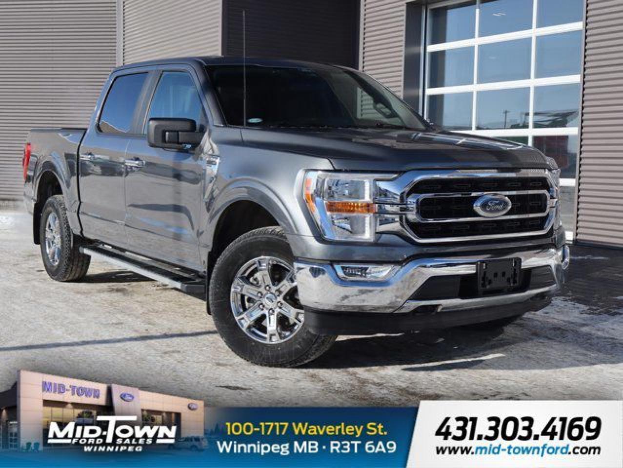 Recent Arrival!<br /><br />| Local Trade, | Non Smoker, 4WD, 2-Bar Style Chrome Surround Grille w/Black Accents, 4-Wheel Disc Brakes, 6 Bright Polished Running Board, 7 Speakers, ABS brakes, Air Conditioning, Alloy wheels, AM/FM radio: SiriusXM with 360L, Auto High-beam Headlights, Block heater, Brake assist, Bumpers: chrome, Chrome Door & Tailgate Handles w/Body-Colour Bezel, Chrome Single-Tip Exhaust, Cloth 40/20/40 Front Seat, Compass, Delay-off headlights, Driver door bin, Driver vanity mirror, Dual front impact airbags, Dual front side impact airbags, Electronic Locking w/3.55 Axle Ratio, Electronic Stability Control, Emergency communication system: SYNC 4 911 Assist, Equipment Group 300A Standard, Exterior Parking Camera Rear, Front anti-roll bar, Front fog lights, Front reading lights, Front wheel independent suspension, Fully automatic headlights, GVWR: 2,994 kg (6,600 lb) Payload Package, Heated door mirrors, Illuminated entry, Low tire pressure warning, Occupant sensing airbag, Outside temperature display, Overhead airbag, Overhead console, Panic alarm, Passenger door bin, Passenger vanity mirror, Power door mirrors, Power steering, Power windows, Radio data system, Radio: AM/FM SiriusXM w/360L, Rear reading lights, Rear step bumper, Rear window defroster, Remote keyless entry, Security system, Speed control, Speed-sensing steering, Split folding rear seat, Steering wheel mounted audio controls, SYNC 4 w/Enhanced Voice Recognition, Tachometer, Telescoping steering wheel, Tilt steering wheel, Traction control, Trip computer, Variably intermittent wipers, Voltmeter, Wheels: 18 Chrome-Like PVD, XTR 4x4 Decal, XTR Package.<br /><br />Carbonized_Gre 2022 Ford F-150 XLT 4WD 2.7L V6 EcoBoost 10-Speed Automatic<br /><br /><br />For further information please contact MidTown Ford sales department directly at 204-284-7650. Dealer #9695.