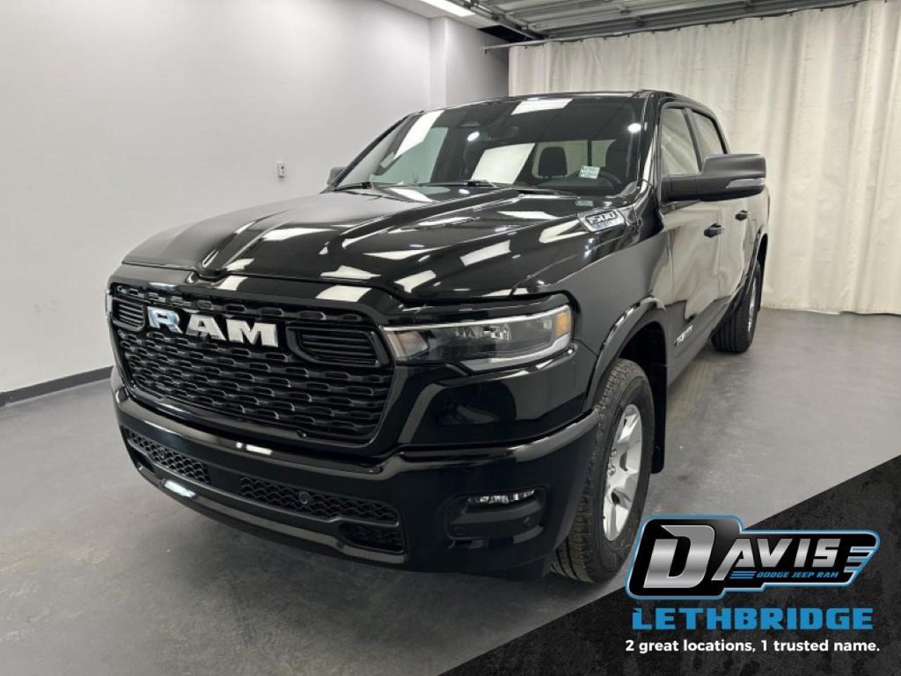 <b>3.6L V6 - Bucket Seats - Sport Appearance Pkg - Heated Seats & Steering Wheel - 3.55 Rear Towing - Low Km's! <br /> <br /></b><br /> Make light work of tough jobs in this 2025 Ram 1500, with exceptional towing, torque and payload capability. This 2025 Ram 1500 is for sale today in Lethbridge. <br /> <br />The Ram 1500's unmatched luxury transcends traditional pickups without compromising its capability. Loaded with best-in-class features, it's easy to see why the Ram 1500 is so popular. With the most towing and hauling capability in a Ram 1500, as well as improved efficiency and exceptional capability, this truck has the grit to take on any task. This low mileage Crew Cab 4X4 pickup has just 154 km. Stock number 35144 is Diamond Black Crystal Pearl in colour. It has an Automatic transmission and is powered by a 305HP 3.6L V6 Cylinder Engine. <br /> <br /> Our 1500's trim level is Big Horn. This Ram 1500 Big Horn steps things up with aluminum wheels, front fog lamps, and other standard features such as class IV towing equipment, heated exterior power mirrors, mobile hotspot internet access, adaptive cruise control and remote engine start. Safety features also include ParkSense front and rear parking sensors, lane keeping assist with lane departure warning, blind spot detection, and collision mitigation. This vehicle has been upgraded with the following features: Big Horn Equipment Group.<br /> <br />To apply right now for financing use this link: <a href=https://www.bridgecitychrysler.com/pre-approval/ target=_blank rel=nofollow noopener noreferrer>https://www.bridgecitychrysler.com/pre-approval/</a><br /><br /> <br /><br />Locally Owned & Trusted for Over 35 Years  Bridge City Chrysler in Lethbridge, AB <br /><br /> At Bridge City Chrysler, weve proudly served the Lethbridge community for more than 35 years, offering an unparalleled car buying experience. Dont just take our word for itour Google reviews speak volumes about our commitment to exceptional service. <br /><br /> Delivery & At-Home Test Drives: Convenient options to suit your lifestyle. <br /><br /> Flexible Financing for Everyone: Get the vehicle you need with financing solutions tailored to your situation. <br /><br /> Full Mechanical Inspections & Professional Cleaning: Every vehicle is thoroughly inspected and cleaned before it hits our lot.<br /><br /> We take all makes and models on trade and offer competitive pricing with inventory that changes daily. Whether you're shopping for a Chrysler, Dodge, Jeep, RAM, or FIAT, our AMVIC Licensed dealership makes it easy to browse, buy, and drive away.<br /><br /> Located in Lethbridge, AB, we proudly serve customers in Fort Macleod, Taber, Claresholm, and Coaldale. Shop online or visit us today to experience the best in sales, service, and selection. Standard bank rates apply; taxes are additional.<br /><br /> Vehicle pricing offer shown expires 2026-01-31. <br /> Come by and check out our fleet of 80+ used cars and trucks and 130+ new cars and trucks for sale in Lethbridge. o~o