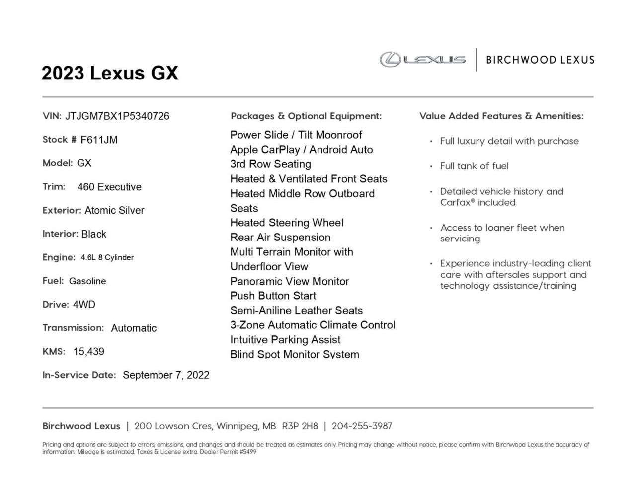 Used 2023 Lexus GX 460 Executive Accident Free | Local for sale in Winnipeg, MB