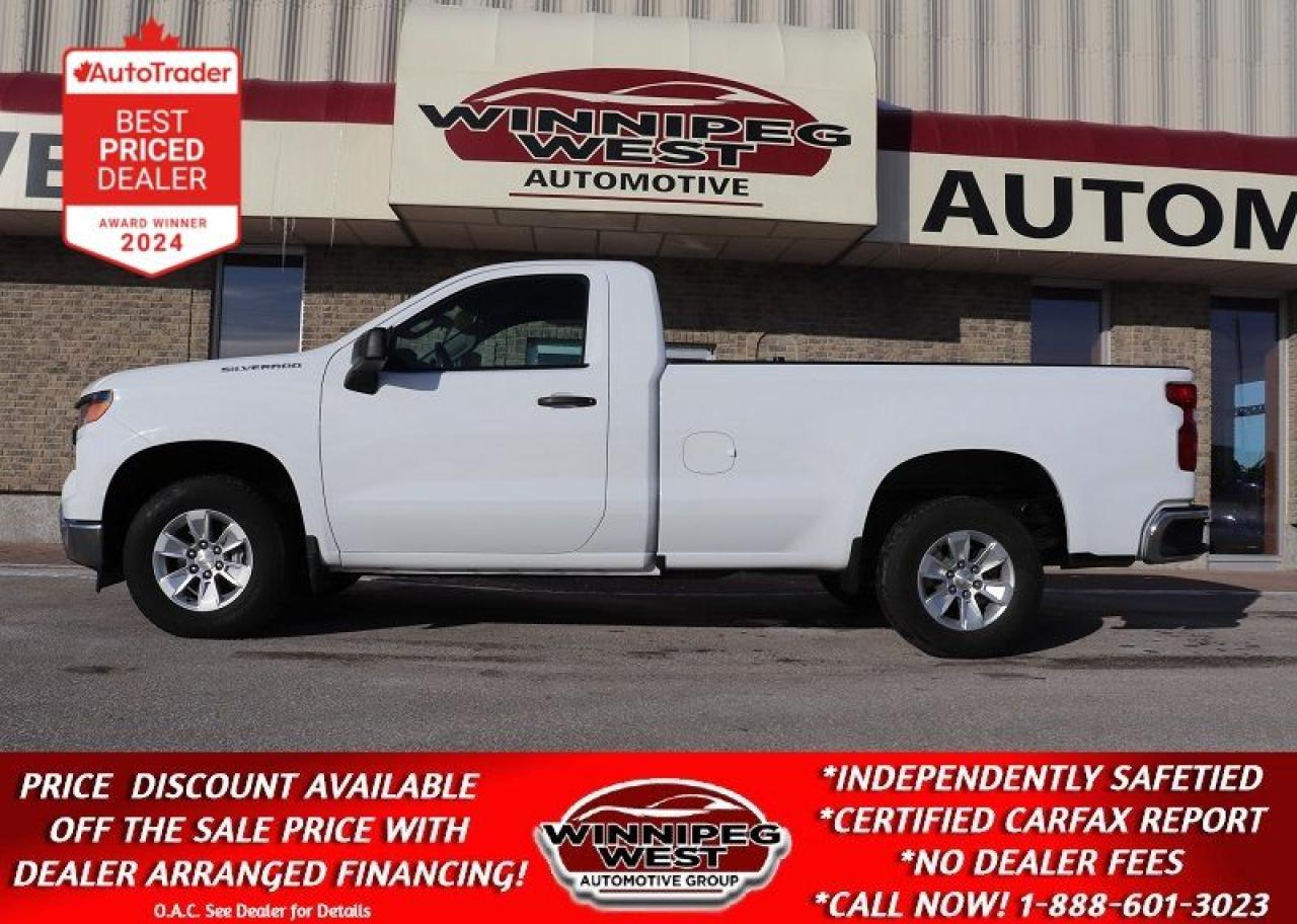 SALE PRICE: $30,800 **ASK US HOW TO RECEIVE A PRICE DISCOUNT WITH DEALER ARRANGED FINANCING O.A.C.** PLUS APPLICABLE TAXES. NO ADMINISTRATION FEES!!  

VERY LOW KMS & STILL SHOWS AS NEW, VERY WELL EQUIPPED 2022 CHEVROLET SILVERADO 1500 REGULAR CAB 5.3L V8 WITH 8-FOOT BOX WITH THE FULL CHEVROLET SAFETY ASSIST (LANE DEPARTURE/LANE KEEP, FORWARD COLLISION BRAKING  & MORE), POWER GROUP, AND SO MUCH MORE.  VERY CLEAN & SHARP, GREAT OPTIONS, GREAT DEAL, MUST BE SEEN, READY TO GO FOR YOUR WORK OR PLEASURE NEEDS!! 

- 5.3L V-8 VVT DI with Active Fuel Management (producing 355 HP and 383 lbs of pulling torque) 
- New 10-Speed automatic 
- RWD with  3.23 rear axle ratio
- ELECTRONIC STABILITY CONTROL SYSTEM
- TRACTION CONTROL
- TRAILER  SWAY CTRL & HILL START ASSIST
- CHEVY SAFETY ASSIST:
- Automatic emergency braking
- Forward Collision Alert
- Front Pedestrian Alert
- Lane Keep assit W/Lane departure warning
- auto-high beam
- 3-Passenger seating with large folding console
- Full Power Convenience group
- Air Conditioning
- Cruise control
- Keyless ENTRY AND Push Button Start
- Infotainment 3 with 7" Diag Colour touch Screen
- Multi Media Infotainment sys
- Factory Bluetooth 
- Projection for Apple Car Play & Android Auto 
- Power Deployable tailgate
- HD Tow package 
- Backup REAR VISION CAMERA
- Chrome appearance package
- Easy step rear bumper 
- Box liner
- Remote tail gate release
- Factory Aluminum Sport wheels
- Read below for more info... 

STILL AS NEW, VERY LOW KMS, PERFECT HISTORY, HARD TO FIND REGULAR CAB 8-FOOT BOX WITH A 5.3L V8 ENGINE AND THE NEW 10SP AUTO TRANSMISSION , EXCEPTIONALLY CLEAN & SHARP & READY TO GO. WESTERN CANADIAN 2022 CHEVROLET SILVERADO 1500 5.3L V8 Regular Cab equipped with the proven 5.3L ECOTEC3 V8 engine (producing 355 HP and 383 lbs of pulling torque) matched to the new 10--speed automatic transmission,  Chevy Safety Assist which includes Lane Departure warning w/ lane keep assist, forward collision braking, Front pedestrian braking and more, 3-passenger seating with fold down center console, air, tilt, cruise, PW, PL, Keyless ENTRY AND Push Button Start, remote deployable tailgate, 7-inch Infotainment colour touch screen with audio to play music from your phone or USB device, multi-port USB connect, Projection for Apple Car Play & Android Auto, factory Bluetooth, factory tow package, back up camera, LED daytime running lights, darker tinted glass, Easy step rear bumper, Box liner included, and more! Nice clean truck for all your Work, Farm, or personal needs! 

Comes with a fresh Manitoba Safety Certification, a Clean, No Accident CARFAX history report, lots of Factory GM warranty and we have many unlimited KM warranty options available to choose from. ON SALE NOW (GREAT DEAL!!!) Zero down financing OAC. Please see dealer for details. Trades accepted. View at Winnipeg West Automotive Group, 5195 Portage Ave. Dealer permit # 4365, Call now 1 (888) 601-3023