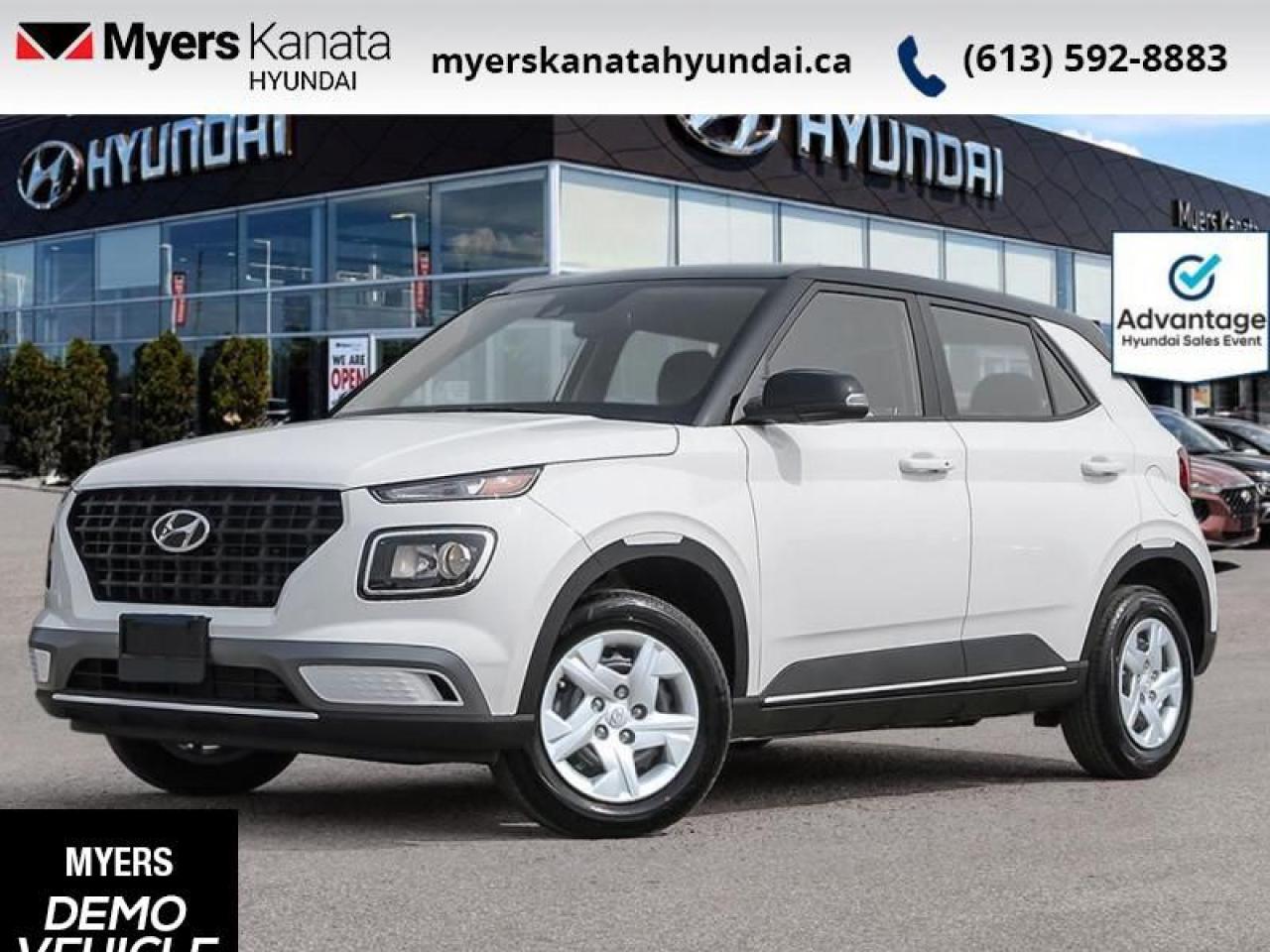 <b>Heated Seats,  Apple CarPlay,  Android Auto,  Lane Keep Assist,  Lane Departure Warning!</b><br> <br> <br> <br>  A forward thinking small SUV for a fast-paced life, this 2025 Venue gets the job done. <br> <br>With an amazing, urban sized footprint, plus a massive amount of cargo space, this 2025 Venue can do it all. Whether you need a grocery getter, kid hauler, or an errand runner, this 2025 Venue is ready to turn everything into an adventure. This modern Venue has a bold yet sophisticated SUV profile that radiates road presence and allows you to express your unique sense of style. <br> <br> This atlas wht w/aby SUV  has an automatic transmission and is powered by a  121HP 1.6L 4 Cylinder Engine.<br> <br> Our Venues trim level is Essential IVT. Packed with incredible standard equipment, this Venue Essential features heated front seats, 60-40 folding rear seats, remote keyless entry, power heated side mirrors, automatic high beams, front and rear cupholders, and an 8-inch touchscreen with wireless Apple CarPlay and Android Auto. Safety features include lane keeping assist, lane departure warning, forward collision avoidance, driver monitoring alert, and a rear view camera. This vehicle has been upgraded with the following features: Heated Seats,  Apple Carplay,  Android Auto,  Lane Keep Assist,  Lane Departure Warning,  Forward Collision Alert,  Proximity Key.  This is a demonstrator vehicle driven by a member of our staff, so we can offer a great deal on it.<br><br> <br>To apply right now for financing use this link : <a href=https://www.myerskanatahyundai.com/finance/ target=_blank>https://www.myerskanatahyundai.com/finance/</a><br><br> <br/>    This vehicle may qualify for $500 Military Program Bonus. Eligible customers may qualify for the Hyundai 0.50% Loyalty Finance Rate Reduction - certain restrictions may apply. 6.49% financing for 96 months. <br> Buy this vehicle now for the lowest weekly payment of <b>$89.88</b> with $0 down for 96 months @ 6.49% APR O.A.C. ( Plus applicable taxes -  $2596 and licensing fees    ).  Incentives expire 2025-03-31.  See dealer for details. <br> <br>This vehicle is located at Myers Kanata Hyundai 400-2500 Palladium Dr Kanata, Ontario. <br><br> Come by and check out our fleet of 20+ used cars and trucks and 90+ new cars and trucks for sale in Kanata.  o~o