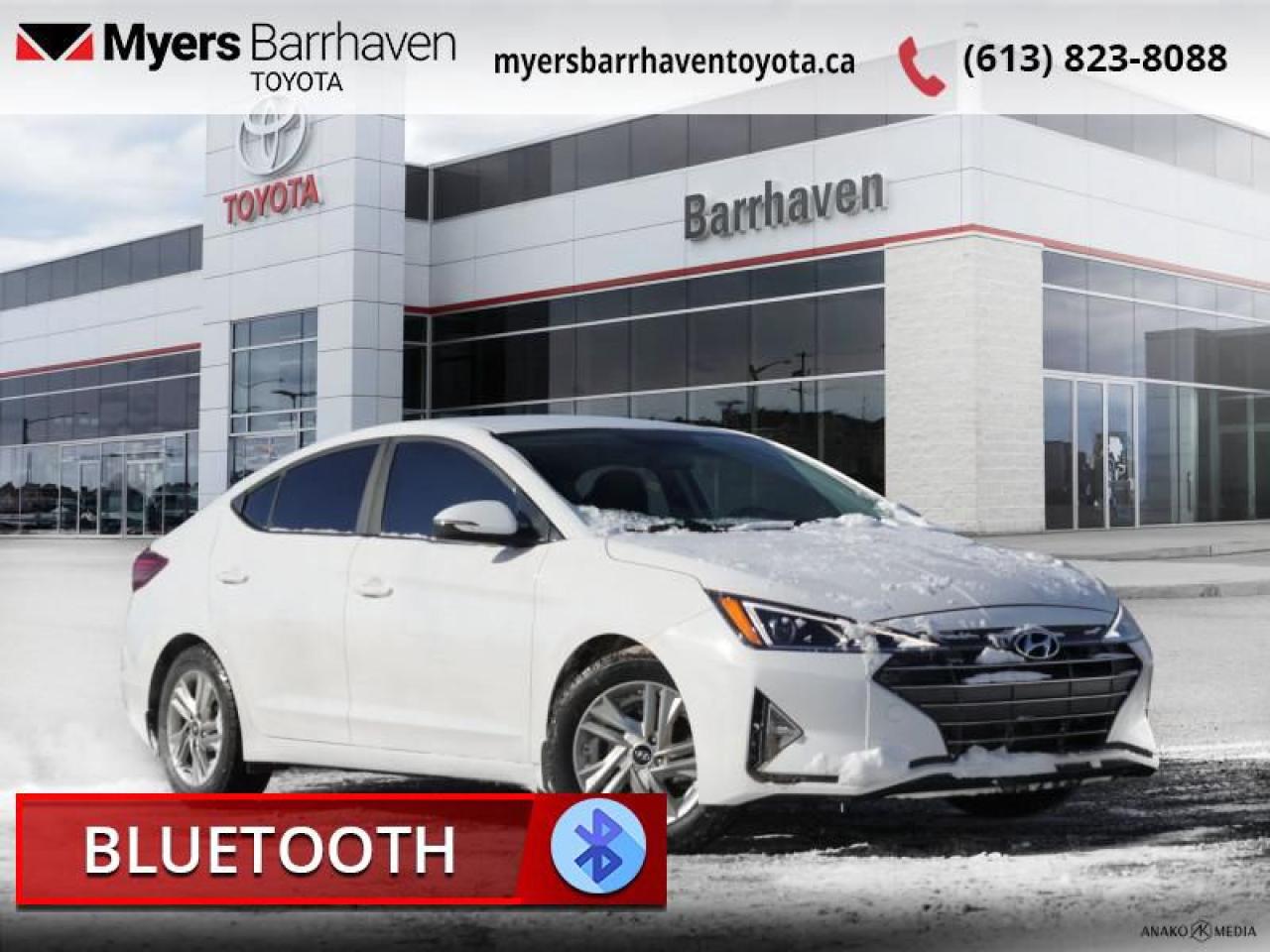 <b>Heated Seats, Heated Steering Wheel, Android Auto, Apple CarPlay, Rear View Camera, Bluetooth, Air Conditioning, Steering Wheel Audio Control, Remote Keyless Entry, Power Windows</b><br> <br>  Compare at $17574 - Our Live Market Price is just $16898! <br> <br>   Dynamic and stylish, this new Elantra goes above and beyond its class. This  2019 Hyundai Elantra is fresh on our lot in Ottawa. <br> <br>Built to be stronger yet lighter, more powerful and much more fuel efficient, this new 2019 Hyundai Elantra is the award-winning compact that delivers refined quality and comfort above all. With a stylish aerodynamic design and excellent performance, this Elantra stands out as a leader in its competitive class. This  sedan has 94,985 kms. Its  white in colour  and is completely accident free based on the <a href=https://vhr.carfax.ca/?id=iGoiZX3OWOYVjwFrTJ7s27nIQ5/PWHWD target=_blank>CARFAX Report</a> . It has an automatic transmission and is powered by a  smooth engine.  It may have some remaining factory warranty, please check with dealer for details. <br> <br> Our Elantras trim level is Preferred w/sun and safety pkg. Upgrade to the Preferred trim of the Elantra and get treated to a host of features including heated side mirrors, a 6 speaker stereo with a 7 inch touch screen, Android and Apple smartphone connectivity, Bluetooth, heated front bucket seats, a heated steering wheel, cruise control, remote keyless entry, air conditioning, front and rear cup holders, power door locks, blind spot detection, lane change assist, rear collision warning, a rear view camera and much more.<br> <br>To apply right now for financing use this link : <a href=https://www.myersbarrhaventoyota.ca/quick-approval/ target=_blank>https://www.myersbarrhaventoyota.ca/quick-approval/</a><br><br> <br/><br> Buy this vehicle now for the lowest bi-weekly payment of <b>$129.23</b> with $0 down for 84 months @ 9.99% APR O.A.C. ( Plus applicable taxes -  Plus applicable fees   ).  See dealer for details. <br> <br>At Myers Barrhaven Toyota we pride ourselves in offering highly desirable pre-owned vehicles. We truly hand pick all our vehicles to offer only the best vehicles to our customers. No two used cars are alike, this is why we have our trained Toyota technicians highly scrutinize all our trade ins and purchases to ensure we can put the Myers seal of approval. Every year we evaluate 1000s of vehicles and only 10-15% meet the Myers Barrhaven Toyota standards. At the end of the day we have mutual interest in selling only the best as we back all our pre-owned vehicles with the Myers *LIFETIME ENGINE TRANSMISSION warranty. Thats right *LIFETIME ENGINE TRANSMISSION warranty, were in this together! If we dont have what youre looking for not to worry, our experienced buyer can help you find the car of your dreams! Ever heard of getting top dollar for your trade but not really sure if you were? Here we leave nothing to chance, every trade-in we appraise goes up onto a live online auction and we get buyers coast to coast and in the USA trying to bid for your trade. This means we simultaneously expose your car to 1000s of buyers to get you top trade in value. <br>We service all makes and models in our new state of the art facility where you can enjoy the convenience of our onsite restaurant, service loaners, shuttle van, free Wi-Fi, Enterprise Rent-A-Car, on-site tire storage and complementary drink. Come see why many Toyota owners are making the switch to Myers Barrhaven Toyota. <br>*LIFETIME ENGINE TRANSMISSION WARRANTY NOT AVAILABLE ON VEHICLES WITH KMS EXCEEDING 140,000KM, VEHICLES 8 YEARS & OLDER, OR HIGHLINE BRAND VEHICLE(eg. BMW, INFINITI. CADILLAC, LEXUS...) o~o