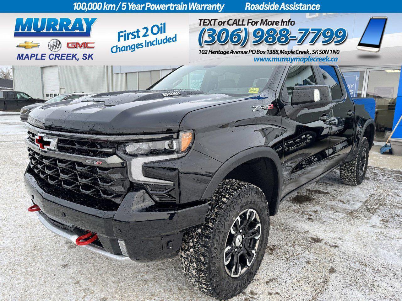 Take your adventures further with our Diesel powered 2025 Chevrolet Silverado 1500 ZR2 Crew Cab 4X4 Short Bed that delivers incredible capability and style in Black! Motivated by a TurboCharged 3.0 Litre DuraMax Diesel 6 Cylinder providing 305hp and 495lb-ft of torque to a 10 Speed Automatic transmission. Keep your off-road game on point with Multimatic DSSV dampers, a rugged ZR2 suspension, and locking differentials. This Four Wheel Drive truck can also see approximately 10.7L/100km on the highway. Fierce and functional, the bold exterior boasts LED lighting, fog lamps, a spray-on bedliner, off-road bumpers, alloy wheels, rugged skid plates, an EZ Lift power lock/release tailgate, and perimeter lighting. Carve out your own path with our ZR2 cabin that helps maximize adventures with heated/ventilated leather front and heated rear seats, a heated-wrapped steering wheel, dual-zone automatic climate control, remote start, keyless access/ignition, and a power rear window. Trail-friendly technologies include a 12.3-inch driver display, a 13.4-inch touchscreen, Google Built-In, wireless Android Auto/Apple CarPlay, WiFi compatibility, Bluetooth, and Bose audio. Chevrolet offers smart safety by providing hill descent control, HD surround vision, trailer blind-spot monitoring, rear cross-traffic braking, front auto braking, lane-keeping assistance, and more. Its time to raise the bar with our remarkable Silverado ZR2. Save this Page and Call for Availability. We Know You Will Enjoy Your Test Drive Towards Ownership!