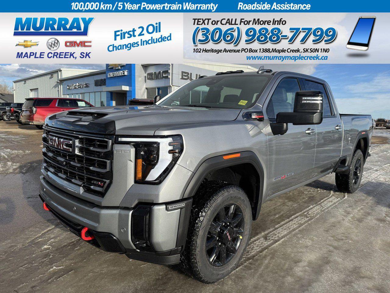 Taking your adventures further, our aggressive Diesel driven 2025 GMC Sierra 3500 AT4 Crew Cab 4X4 is ready to get on the job off the road in Sterling Metallic! Motivated by a TurboCharged 6.6 Litre DuraMax Diesel V8 generating 470hp and 975lb-ft of torque for a 10 Speed Allison Automatic transmission. An off-road suspension and hill-descent control unlock even more capability, and this Four Wheel Drive truck is a fantastic towing machine with a Pro Grade trailering system. Bold and rugged, our Sierra is at your service with LED lighting, fog lamps, robust skid plates, a spray-on bedliner, 20-inch black wheels, trailer mirrors, and a high-versatility MultiPro tailgate. You are going to love the comfortably commanding details that greet you in our AT4 cabin, including heated/ventilated leather power front and heated rear seats, a heated-wrapped steering wheel, dual-zone automatic climate control, cruise control, remote start, and comprehensive connectivity features. A 13.4-inch touchscreen, 12.3-inch driver display, Google Built-In, WiFi compatibility, wireless Android Auto/Apple CarPlay, Bluetooth, and a Bose sound system lead the way. GMC shows its all about smart safety by supplying automatic braking, blind-spot monitoring, lane-departure warning, HD surround vision, hitch view/guidance, hill-start assistance, trailer sway control, and more. With all that, our Sierra 3500 AT4 wont complain when the big jobs call! Save this Page and Call for Availability. We Know You Will Enjoy Your Test Drive Towards Ownership!