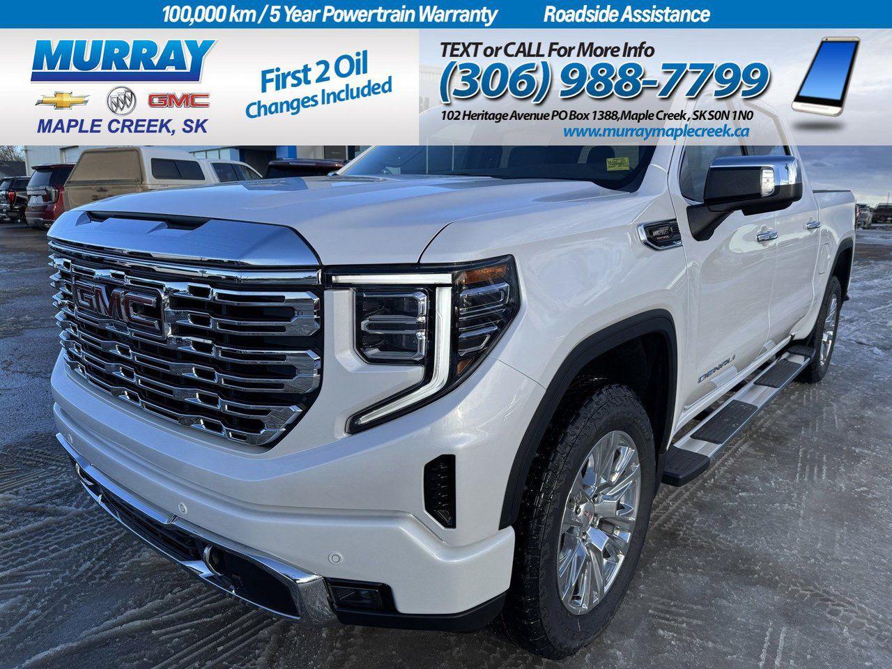 Our Diesel powered 2025 GMC Sierra 1500 Denali Crew Cab 4X4 advances truck luxury in White Frost Tricoat! Motivated by a TurboCharged 3.0 Litre DuraMax Diesel 6 Cylinder generating 305hp and 495lb-ft of torque for a 10 Speed Automatic transmission. A premium suspension with adaptive ride control helps you comfortably cruise from town to trail, and this Four Wheel Drive truck scores approximately 8.7L/100km on the highway. Signature Sierra style comes with a distinctive grille, LED lighting, fog lamps, full-length chrome assist steps, bed lighting, bold 20-inch alloy wheels, a MultiPro tailgate, and a spray-on bedliner. Lavishly equipped, our Denali cabin treats owners to deluxe features like heated/ventilated leather power front and heated rear seats, a heated-wrapped power steering wheel, dual-zone automatic climate control, remote start, keyless access/ignition, and a digital dashboard. It boasts a 13.4-inch touchscreen and 12.3-inch driver display that enable wireless Android Auto/Apple CarPlay, WiFi compatibility, Google Built-In, wireless charging, Bluetooth, voice control, and a Bose sound system. Impressive GMC safety systems include front/rear auto braking, HD surround vision with a bed-view camera, adaptive cruise control, trailer-capable blind-spot monitoring, lane-keeping assistance, and more. Crafted to exceed expectations, our Sierra 1500 Denali is an excellent choice! Save this Page and Call for Availability. We Know You Will Enjoy Your Test Drive Towards Ownership!