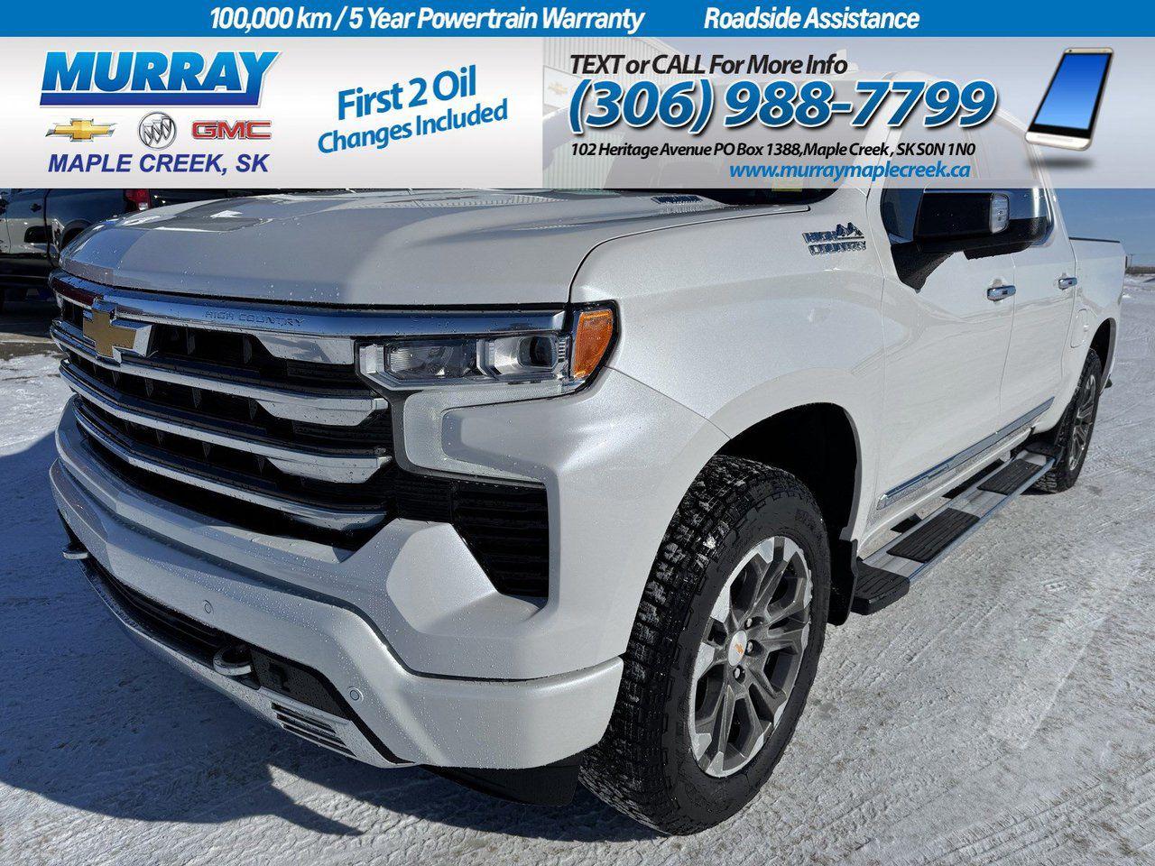 Master every mile with our Diesel powered 2025 Chevrolet Silverado 1500 High Country Crew Cab 4X4, which is an uplevel adventure machine in Iridescent Pearl Tricoat! Motivated by a TurboCharged 3.0 Litre DuraMax Diesel 6 Cylinder delivering 305hp and 495lb-ft of torque to a 10 Speed Automatic transmission. This Four Wheel Drive truck also boasts a 2-speed transfer case and high-capacity suspension for composed handling, and it sees approximately 8.7L/100km on the highway. Style meets strength with 20-inch alloy wheels, chrome side steps, a spray-on bedliner, LED fog lamps, a power up/down tailgate, and perimeter lighting. Take your place behind the wheel of our High Country cabin that offers heated/ventilated leather power front and heated rear seats, a heated-wrapped power steering wheel, dual-zone automatic climate control, a power sliding rear window, and remote start. You can enjoy a high-tech cockpit with a 12.3-inch driver display, a 13.4-inch touchscreen, Google Built-in, WiFi compatibility, wireless Apple CarPlay/Android Auto, voice control, wireless charging, Bluetooth, and Bose audio. Stay safe as you work hard with Chevrolets adaptive cruise control, a bed-view camera, trailer blind-spot monitoring, enhanced automatic braking, lane-keeping assistance, forward collision warning, pedestrian detection, HD surround vision, and more. Its time to raise the bar with our remarkable Silverado High Country! Save this Page and Call for Availability. We Know You Will Enjoy Your Test Drive Towards Ownership!