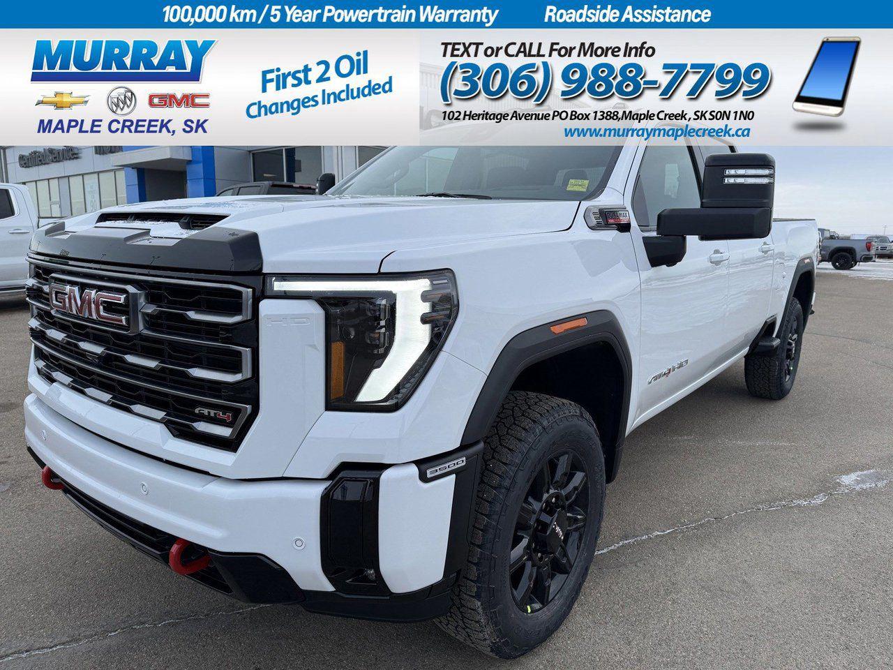 Fall in love with our aggressive Diesel driven 2025 GMC Sierra 3500 AT4 Crew Cab 4X4 that is ready to get on the job off the road in Summit White! Motivated by a TurboCharged 6.6 Litre DuraMax Diesel V8 generating 470hp and 975lb-ft of torque for a 10 Speed Allison Automatic transmission. An off-road suspension and hill-descent control unlock even more capability, and this Four Wheel Drive truck is a fantastic towing machine with a Pro Grade trailering system. Bold and rugged, our Sierra is at your service with LED lighting, fog lamps, robust skid plates, a spray-on bedliner, 20-inch black wheels, trailer mirrors, and a high-versatility MultiPro tailgate. Step out in style with the comfortably commanding details that greet you in our AT4 cabin, including heated/ventilated leather power front and heated rear seats, a heated-wrapped steering wheel, dual-zone automatic climate control, cruise control, remote start, and comprehensive connectivity features. A 13.4-inch touchscreen, 12.3-inch driver display, Google Built-In, WiFi compatibility, wireless Android Auto/Apple CarPlay, Bluetooth, and a Bose sound system lead the way. GMC shows its all about smart safety by supplying automatic braking, blind-spot monitoring, lane-departure warning, HD surround vision, hitch view/guidance, hill-start assistance, trailer sway control, and more. With all that, our Sierra 3500 AT4 wont complain when the big jobs call! Save this Page and Call for Availability. We Know You Will Enjoy Your Test Drive Towards Ownership!