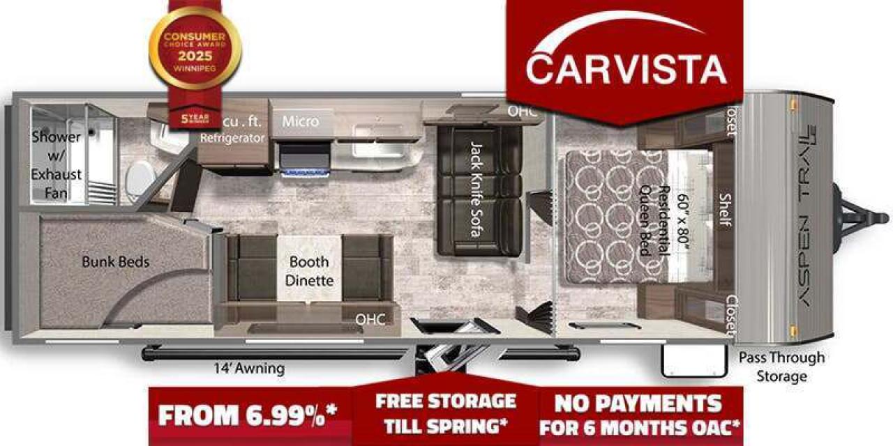 FREE WINTER STORAGE FOR 2024/SPRING 2025 ON UNITS PURCHASED!* See dealer for details. No Payments for up to 6 months. Low interest options available! Come see why Carvista has been the Consumer Choice Award Winner for 5 consecutive years! 2021-2025!Come see why Carvista has been the Consumer Choice Award Winner for 5 consecutive years! 2021, 2022, 2023, 2024 and 2025! Dont play the waiting game, our units are in-stock, no pre-order necessary!! See for yourself why Carvista has won this prestigious award and continues to serve its community. Carvista Approved! Our RVista package includes a complete inspection of your camper that includes general testing of the camper systems! We pride ourselves in providing the highest quality trailers possible, and include a rigorous detail to ensure you get the cleanest trailer around. 
Prices and payments exclude GST OR PST Carvista Inc. 
Dealer Permit # 1211 
Category: Used Camper 
Units may not be exactly as shown, please verify all details with a sales person.