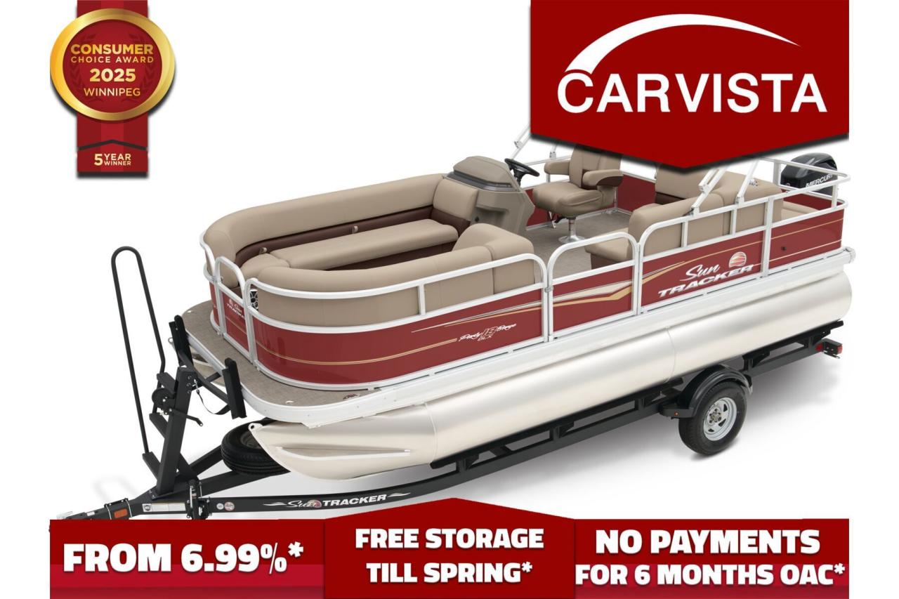 FREE WINTER STORAGE FOR 2024/SPRING 2025 ON UNITS PURCHASED!* See dealer for details. No Payments for up to 6 months. Low interest options available! Come see why Carvista has been the Consumer Choice Award Winner for 5 consecutive years! 2021-2025!2024 Sun Tracker Party Barge 18 DLX – Like New with Only 12 Hours – Includes Matching Trailer

This 2024 Sun Tracker Party Barge 18 DLX is the perfect pontoon for relaxing cruises, fishing trips, or fun-filled days on the water. With only 12 hours on the 60HP Mercury FourStroke outboard, this boat is practically brand new and ready for your next adventure. It also comes with a matching trailer for easy transport.

Key Features & Specifications:

Engine: 2024 Mercury 60HP FourStroke Outboard – Reliable, fuel-efficient, and quiet with only 12 hours of use.
Length & Beam: 20 feet long with an extra-wide 8-foot 6-inch beam for maximum comfort and stability.
Seating Capacity: Accommodates up to 9 people with a total weight capacity of 1,900 pounds.
Construction: Built with an all-welded, reinforced aluminum transom and multi-chambered pontoons for superior durability and buoyancy.
Performance: The 60HP engine provides smooth cruising and enough power for tubing and light water sports.
Interior & Comfort: Plush, marine-grade, weather-resistant upholstery with ample seating, including a luxurious L-lounge and a swiveling captain’s chair with armrests.
Storage: Under-seat storage compartments and a designated space for a cooler keep gear organized and within reach.
Entertainment & Convenience:

Bluetooth-capable AM/FM stereo with four speakers
Removable table with cupholders
Bimini top for shade and sun protection
Easy-to-clean vinyl flooring
Matching Trailer: Included for easy transportation, featuring heavy-duty construction, a winch, and guide-ons for effortless loading and unloading.

This Sun Tracker Party Barge 18 DLX is a turnkey package, perfect for family outings, fishing trips, or sunset cruises. It has been meticulously maintained and is in like-new condition. 

Come see why Carvista has been the Consumer Choice Award Winner for 5 consecutive years! 2021, 2022, 2023, 2024 and 2025! Dont play the waiting game, our units are instock, no pre-order necessary!! See for yourself why Carvista has won this prestigious award and continues to serve its community. Carvista Approved! Carvista Approved! Our BoatVista package includes a complete inspection of your boat that includes an engine run up and test of the general systems of the unit! We pride ourselves in providing the highest quality marine products possible, and include a rigorous detail to ensure you get the cleanest unit around. Prices and payments exclude GST OR PST Carvista Inc. Dealer Permit # 1211 Category: Used Boat Units may not be exactly as shown, please verify all details with a sales person.

Come see why Carvista has been the Consumer Choice Award Winner for 5 consecutive years! 2021, 2022, 2023, 2024 and 2025! Dont play the waiting game, our units are instock, no pre-order necessary!! See for yourself why Carvista has won this prestigious award and continues to serve its community. Carvista Approved! Carvista Approved! Our BoatVista package includes a complete inspection of your boat that includes an engine run up and test of the general systems of the unit! We pride ourselves in providing the highest quality marine products possible, and include a rigorous detail to ensure you get the cleanest unit around.
Prices and payments exclude GST OR PST 
Carvista Inc. Dealer Permit # 1211
Category: Used Boat
Units may not be exactly as shown, please verify all details with a sales person.