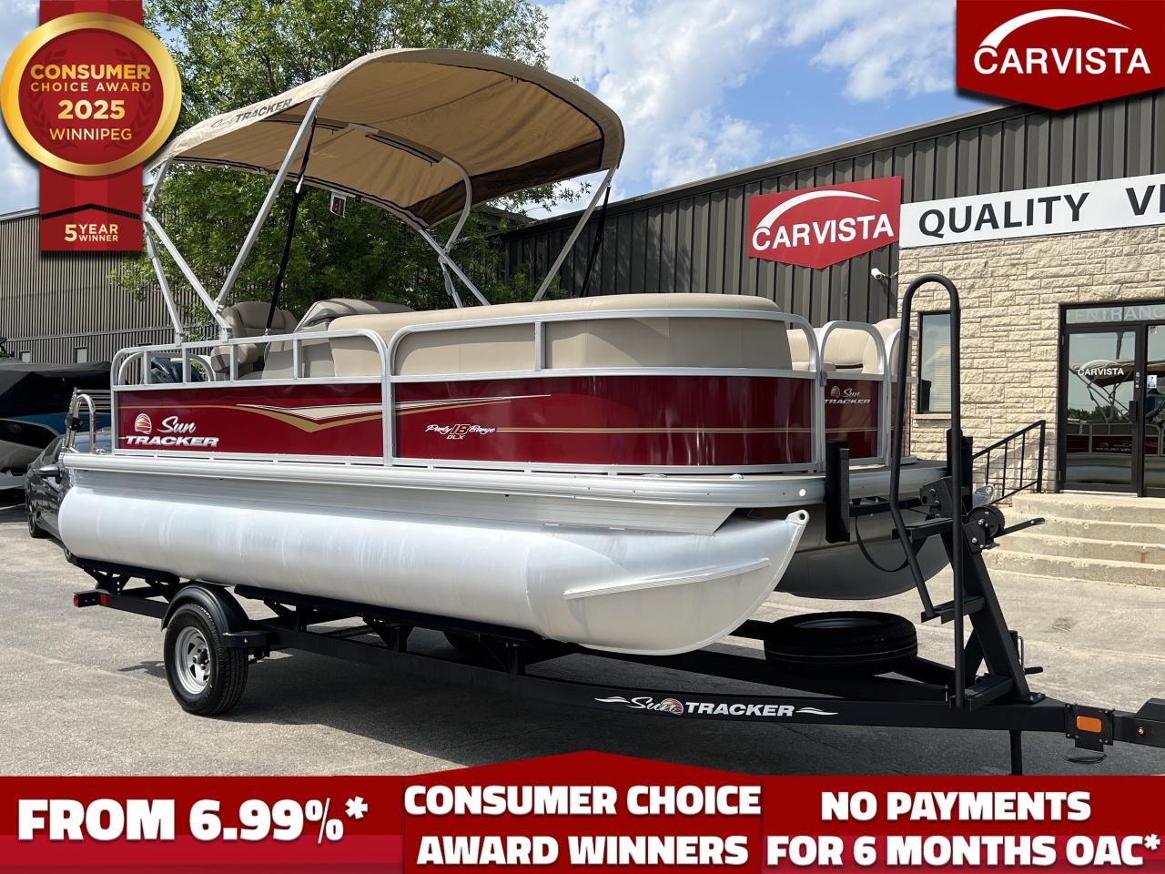 NO TARIFFS ON OUR INVENTORY! No Payments for up to 6 months*. Low interest options available! Come see why Carvista has been the Consumer Choice Award Winner for 5 consecutive years! 2021-2025!2024 Sun Tracker Party Barge 18 DLX – Like New with Only 12 Hours – Includes Matching Trailer

This 2024 Sun Tracker Party Barge 18 DLX is the perfect pontoon for relaxing cruises, fishing trips, or fun-filled days on the water. With only 12 hours on the 60HP Mercury FourStroke outboard, this boat is practically brand new and ready for your next adventure. It also comes with a matching trailer for easy transport.

Key Features & Specifications:

Engine: 2024 Mercury 60HP FourStroke Outboard – Reliable, fuel-efficient, and quiet with only 12 hours of use.
Length & Beam: 20 feet long with an extra-wide 8-foot 6-inch beam for maximum comfort and stability.
Seating Capacity: Accommodates up to 9 people with a total weight capacity of 1,900 pounds.
Construction: Built with an all-welded, reinforced aluminum transom and multi-chambered pontoons for superior durability and buoyancy.
Performance: The 60HP engine provides smooth cruising and enough power for tubing and light water sports.
Interior & Comfort: Plush, marine-grade, weather-resistant upholstery with ample seating, including a luxurious L-lounge and a swiveling captain’s chair with armrests.
Storage: Under-seat storage compartments and a designated space for a cooler keep gear organized and within reach.
Entertainment & Convenience:

Bluetooth-capable AM/FM stereo with four speakers
Removable table with cupholders
Bimini top for shade and sun protection
Easy-to-clean vinyl flooring
Matching Trailer: Included for easy transportation, featuring heavy-duty construction, a winch, and guide-ons for effortless loading and unloading.

This Sun Tracker Party Barge 18 DLX is a turnkey package, perfect for family outings, fishing trips, or sunset cruises. It has been meticulously maintained and is in like-new condition. 

Come see why Carvista has been the Consumer Choice Award Winner for 5 consecutive years! 2021, 2022, 2023, 2024 and 2025! Dont play the waiting game, our units are instock, no pre-order necessary!! See for yourself why Carvista has won this prestigious award and continues to serve its community. Carvista Approved! Carvista Approved! Our BoatVista package includes a complete inspection of your boat that includes an engine run up and test of the general systems of the unit! We pride ourselves in providing the highest quality marine products possible, and include a rigorous detail to ensure you get the cleanest unit around. Prices and payments exclude GST OR PST Carvista Inc. Dealer Permit # 1211 Category: Used Boat Units may not be exactly as shown, please verify all details with a sales person.

Come see why Carvista has been the Consumer Choice Award Winner for 5 consecutive years! 2021, 2022, 2023, 2024 and 2025! Dont play the waiting game, our units are instock, no pre-order necessary!! See for yourself why Carvista has won this prestigious award and continues to serve its community. Carvista Approved! Carvista Approved! Our BoatVista package includes a complete inspection of your boat that includes an engine run up and test of the general systems of the unit! We pride ourselves in providing the highest quality marine products possible, and include a rigorous detail to ensure you get the cleanest unit around.
Prices and payments exclude GST OR PST 
Carvista Inc. Dealer Permit # 1211
Category: Used Boat
Units may not be exactly as shown, please verify all details with a sales person.