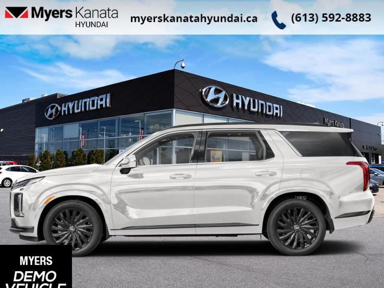 <b>Heads Up Display,  Cooled Seats,  Sunroof,  Leather Seats,  Premium Audio!</b><br> <br> <br> <br>  Hyundais entry to the 3-seater SUV segment is a huge shakeup, as this Palisade is an extremely compelling contender. <br> <br>Big enough for your busy and active family, this Hyundai Palisade returns for 2025, and is good as ever. With a features list that would fit in with the luxury SUV segment attached to a family friendly interior, this Palisade was made to take the SUV segment by storm. For the next classic SUV people are sure to talk about for years, look no further than this Hyundai Palisade. <br> <br> This hyper wht SUV  has an automatic transmission and is powered by a  291HP 3.8L V6 Cylinder Engine.<br> <br> Our Palisades trim level is Ultimate Calligraphy Night 7-Passenger. With luxury features like a heads up display, a two row sunroof, and heated and cooled Nappa leather seats, this Palisade Ultimate Calligraphy proves family friendly does not have to be boring for adults. This trim also adds navigation, a 12 speaker Harman Kardon premium audio system, a power liftgate, remote start, and a 360 degree parking camera. This amazing SUV keeps you connected on the go with touchscreen infotainment including wireless Android Auto, Apple CarPlay, wi-fi, and a Bluetooth hands free phone system. A heated steering wheel, memory settings, proximity keyless entry, and automatic high beams provide amazing luxury and convenience. This family friendly SUV helps keep you and your passengers safe with lane keep assist, forward collision avoidance, distance pacing cruise with stop and go, parking distance warning, blind spot assistance, and driver attention monitoring. This vehicle has been upgraded with the following features: Heads Up Display,  Cooled Seats,  Sunroof,  Leather Seats,  Premium Audio,  Power Liftgate,  Remote Start. <br><br> <br>To apply right now for financing use this link : <a href=https://www.myerskanatahyundai.com/finance/ target=_blank>https://www.myerskanatahyundai.com/finance/</a><br><br> <br/>    This vehicle may qualify for $500 Military Program Bonus. Eligible customers may qualify for the Hyundai 0.50% Loyalty Finance Rate Reduction - certain restrictions may apply. 6.29% financing for 96 months. <br> Buy this vehicle now for the lowest weekly payment of <b>$209.20</b> with $0 down for 96 months @ 6.29% APR O.A.C. ( Plus applicable taxes -  $2596 and licensing fees    ).  Incentives expire 2025-03-31.  See dealer for details. <br> <br>This vehicle is located at Myers Kanata Hyundai 400-2500 Palladium Dr Kanata, Ontario. <br><br> Come by and check out our fleet of 30+ used cars and trucks and 100+ new cars and trucks for sale in Kanata.  o~o