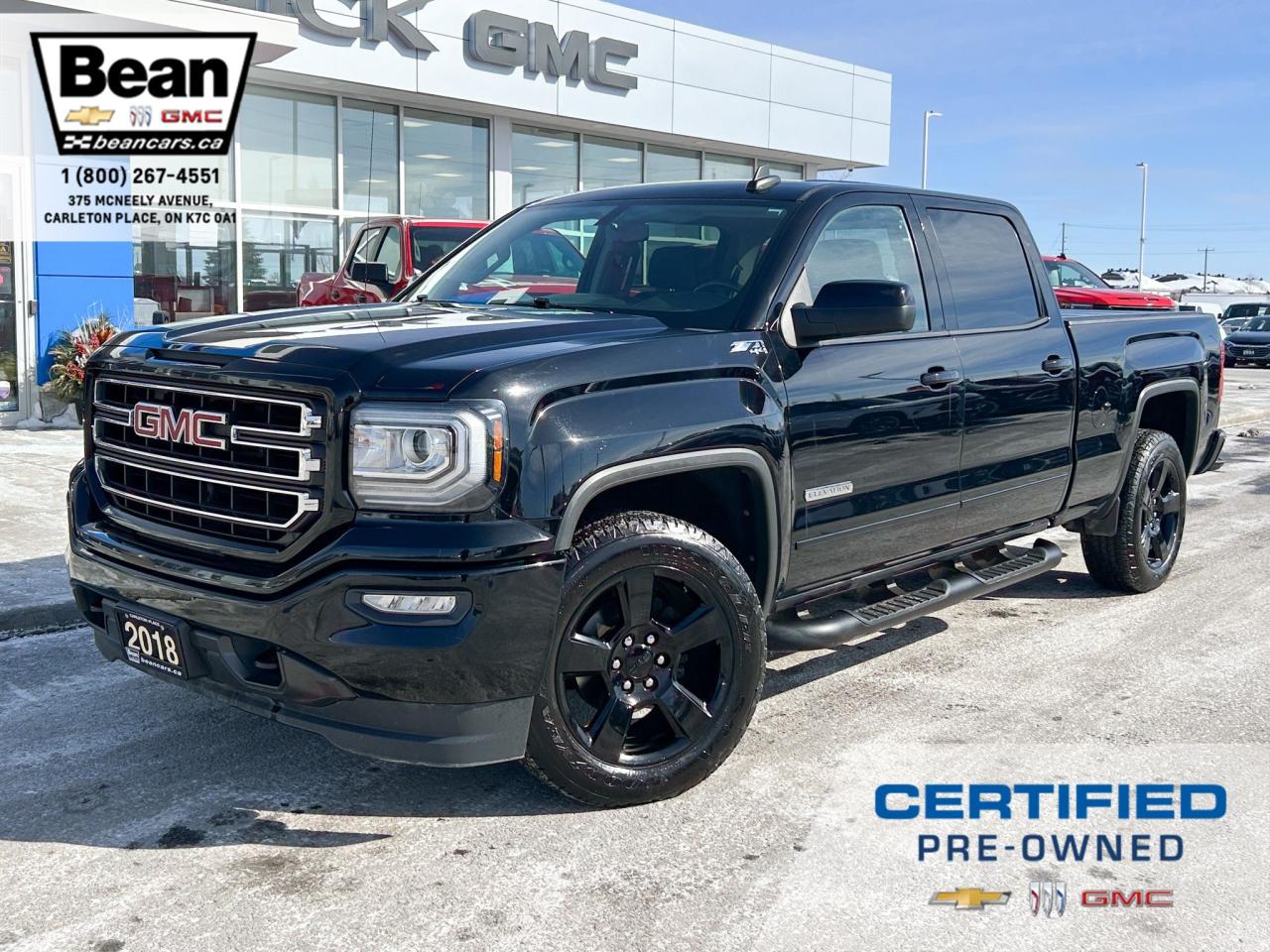 Used 2018 GMC Sierra 1500 5.3L V8 CREW CAB 4X4 SLE ELEVATION Z71 OFF ROAD PACKAGE, TRAILERING PACKAGE, BLACK ASSIST STEPS, HEATED FRONT BUCKET SEATS, REMOTE VEHICLE START, NAVIGATION for sale in Carleton Place, ON